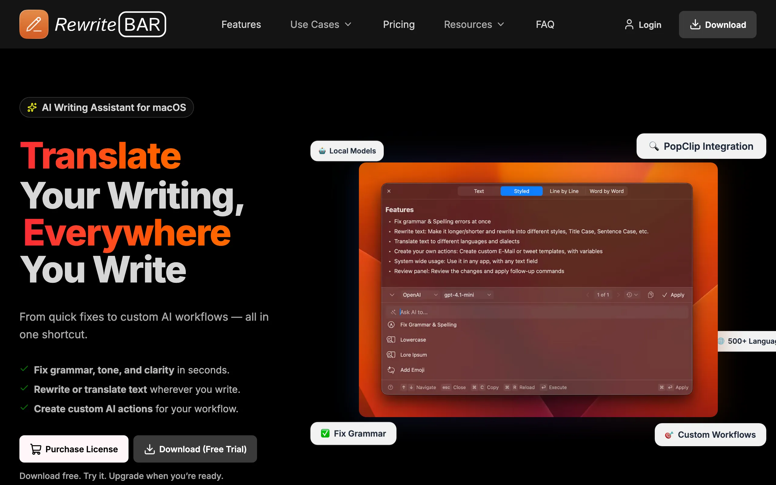 Screenshot of RewriteBar: macOS AI Writing Assistant for Grammar, Translation &amp; Productivity
