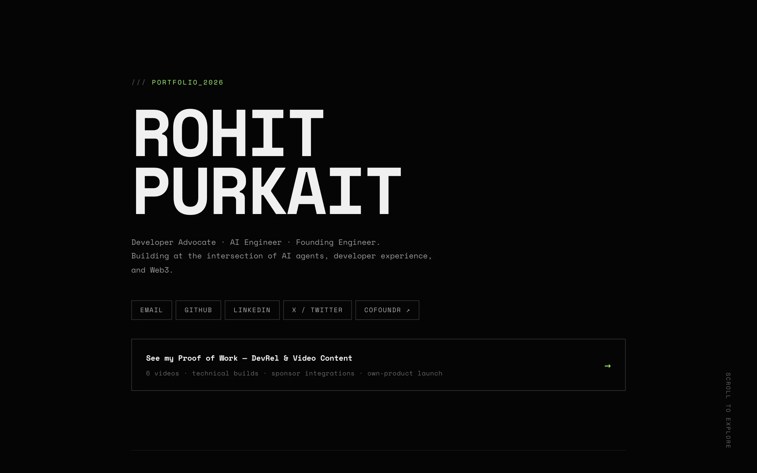 Screenshot of Rohit Purkait — Developer Advocate · AI Engineer · Founding Engineer