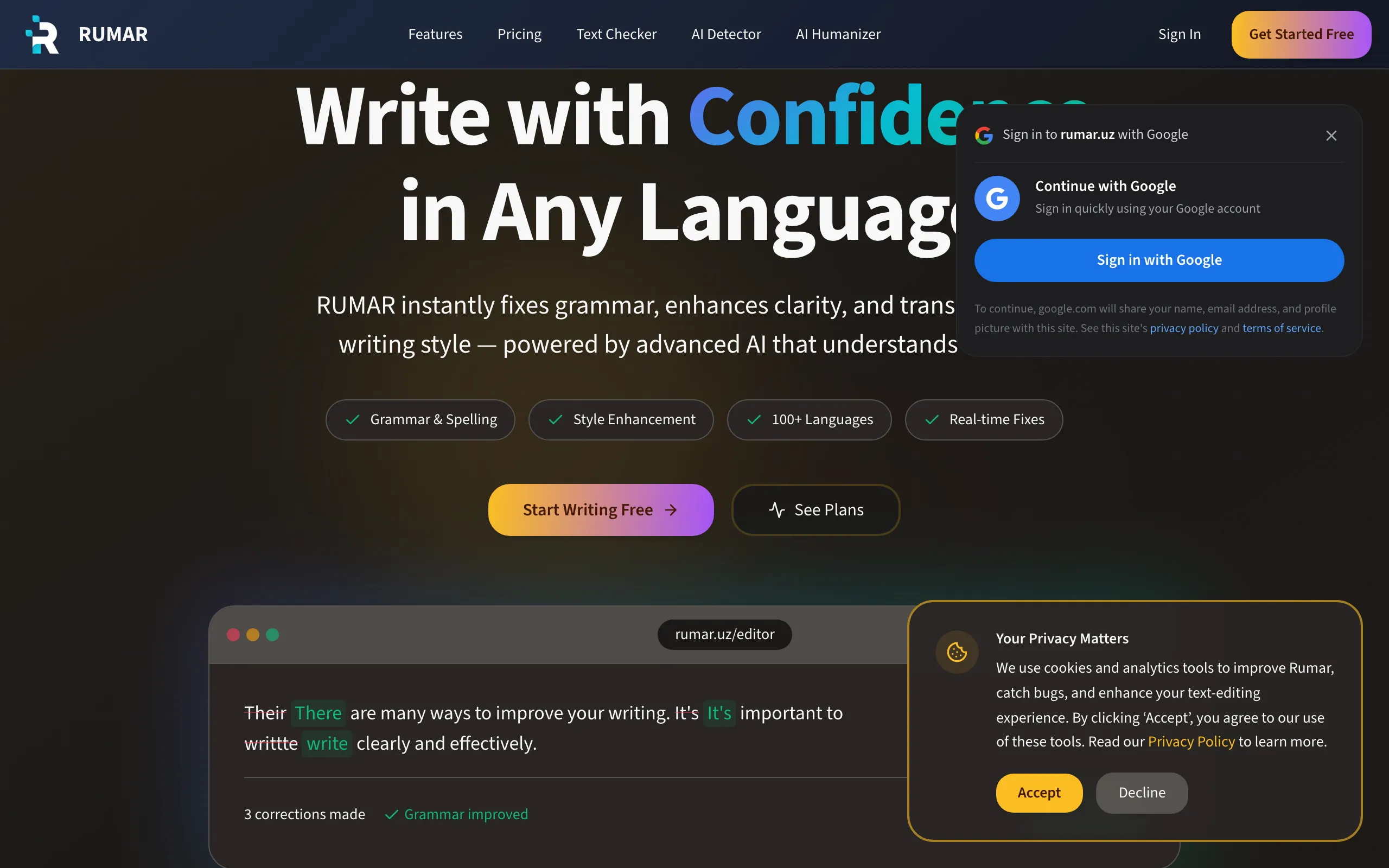 Screenshot of RUMAR – AI Writing Assistant