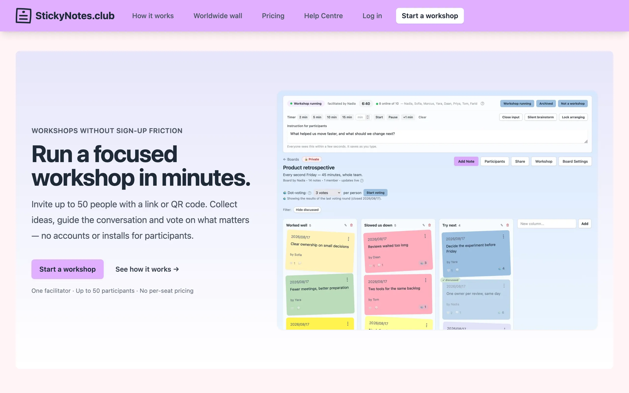 Screenshot of Run a focused workshop in minutes - StickyNotes.club