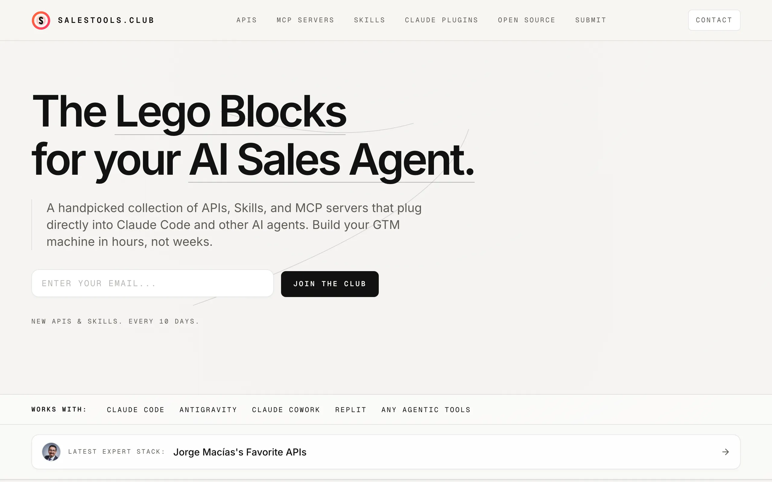 Screenshot of Salestools Club — Sales APIs &amp; MCP Configs for AI Agents
