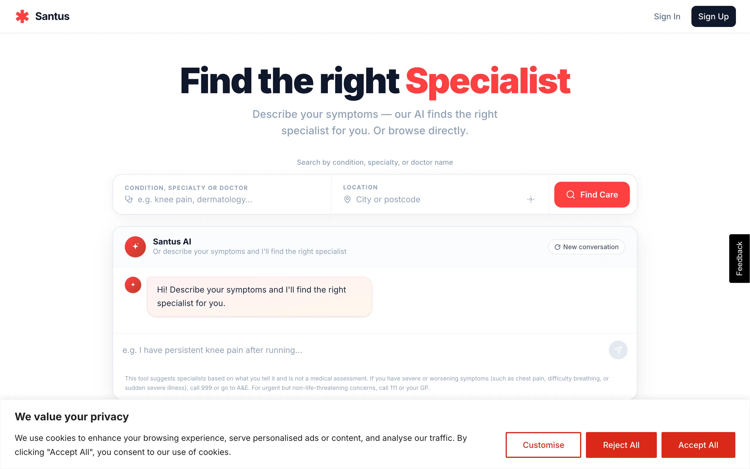 Screenshot of Santus Health | Find the Right Specialist