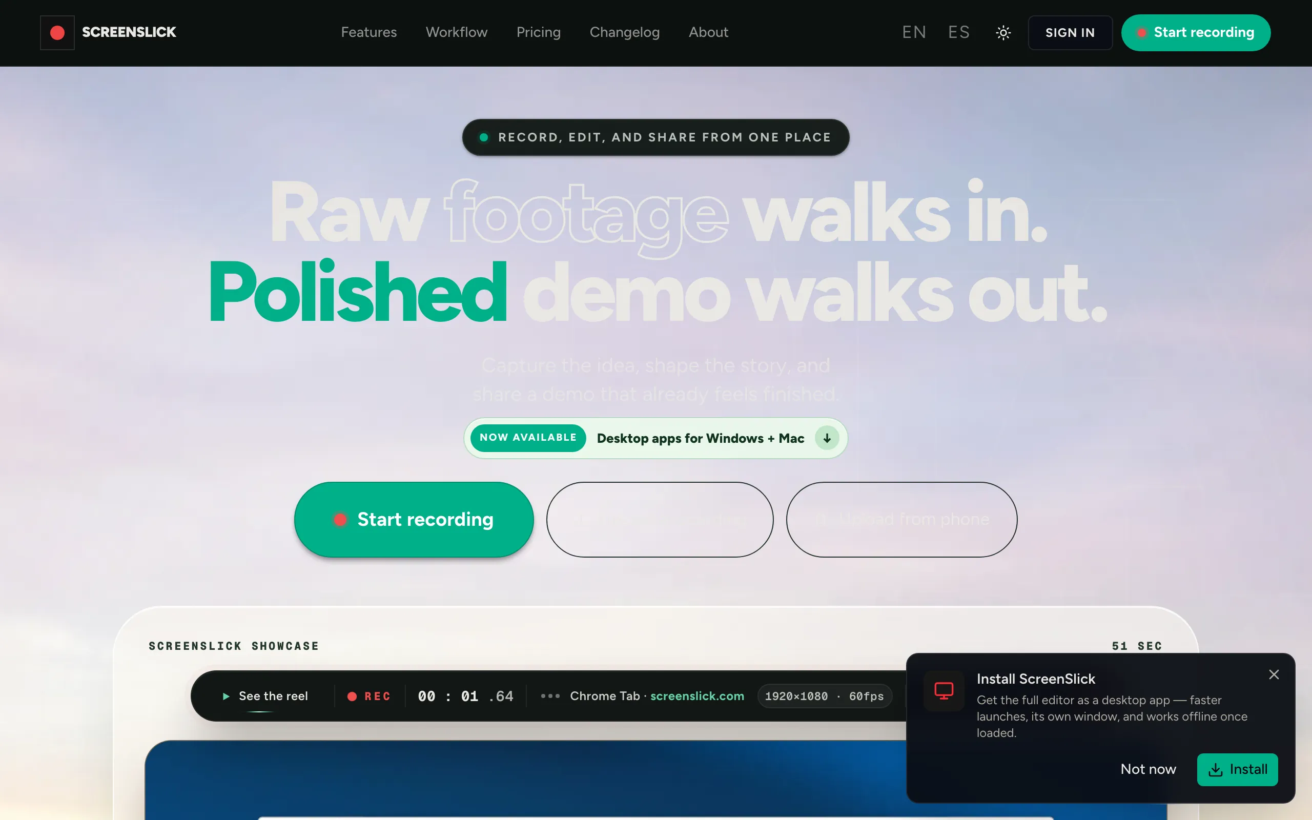 Screenshot of ScreenSlick — Raw footage walks in. Polished demo walks out.