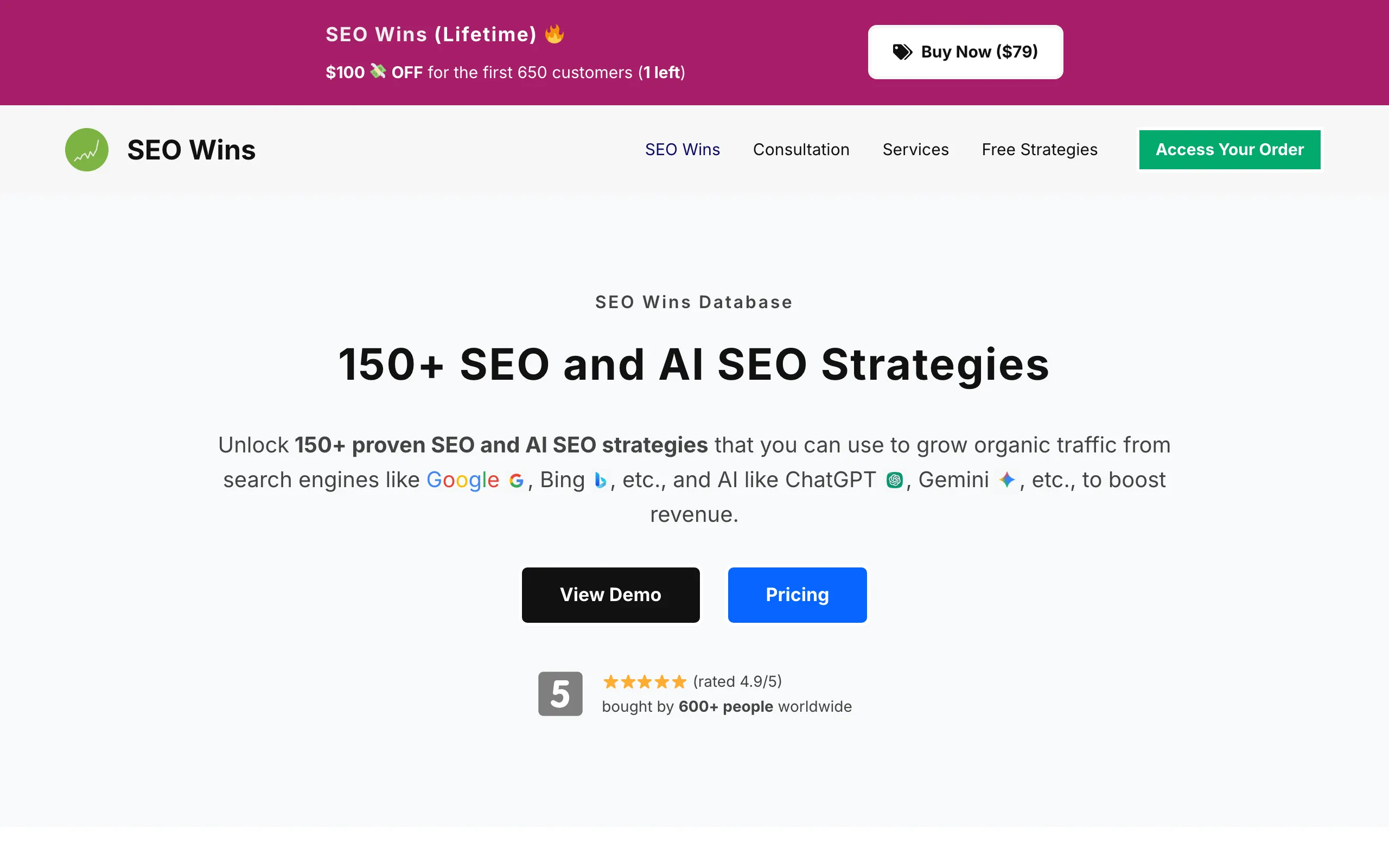 Screenshot of SEO Wins - 150+ SEO and AI SEO Strategies For Growth