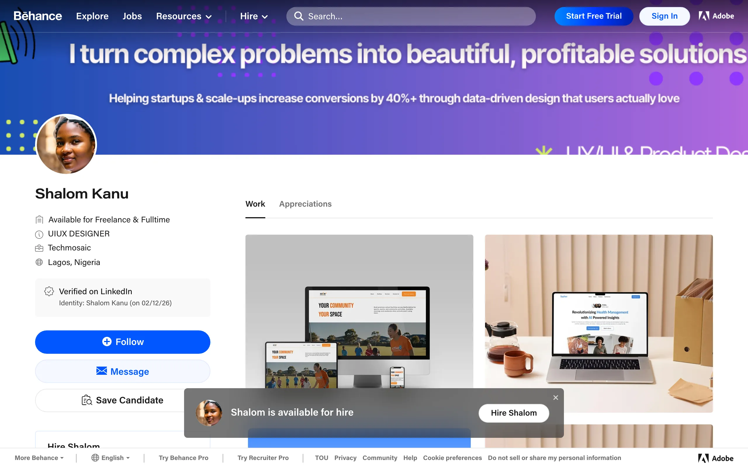 Screenshot of Shalom Kanu - UIUX DESIGNER in Lagos, Nigeria :: Behance