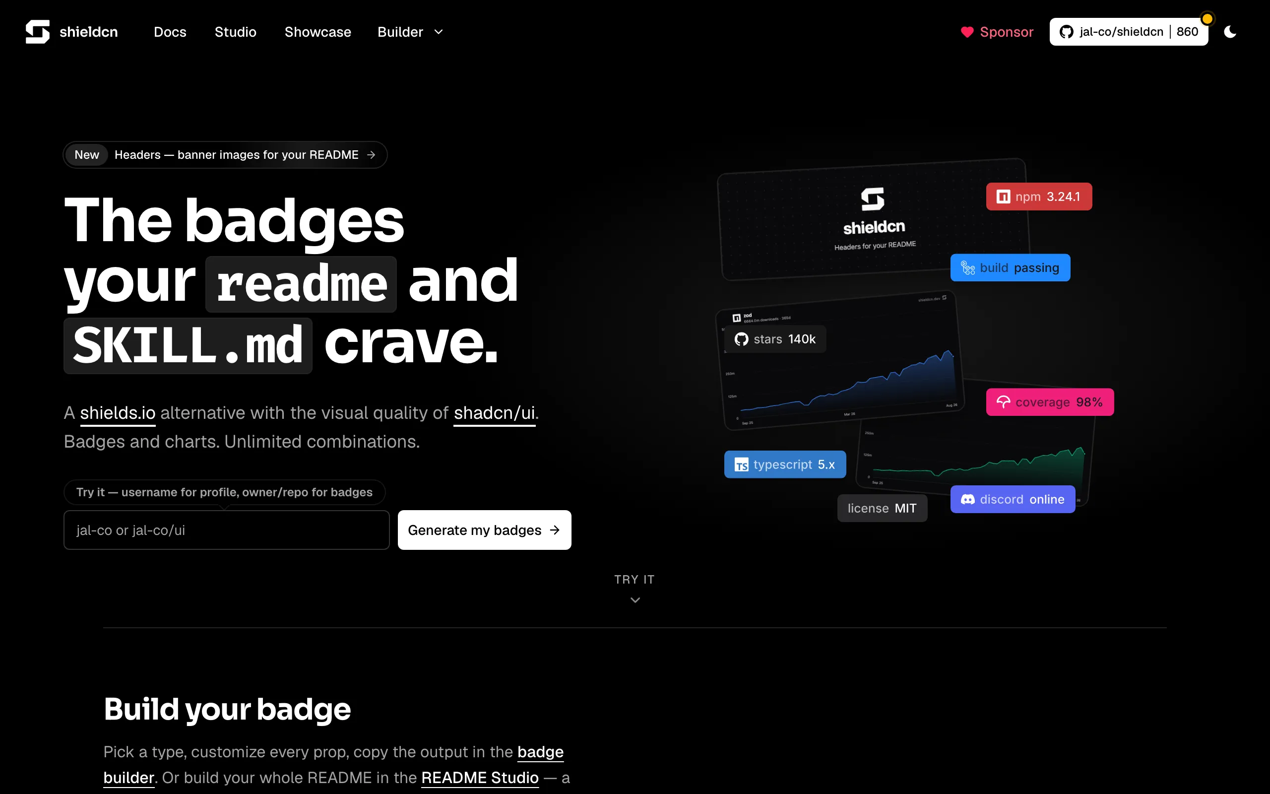 Screenshot of shieldcn — Beautiful README Badges &amp; Charts