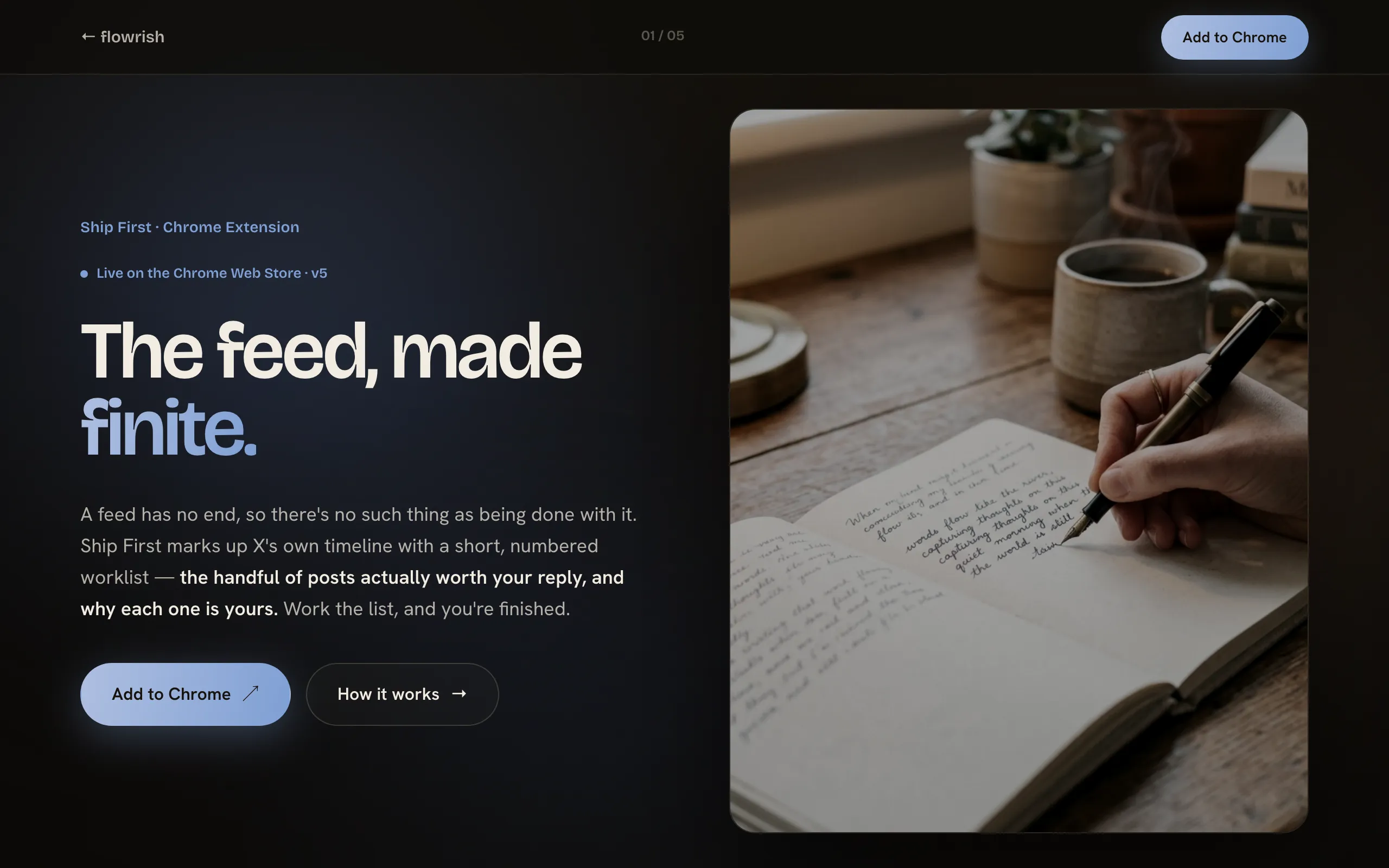 Screenshot of Ship First — the feed, made finite