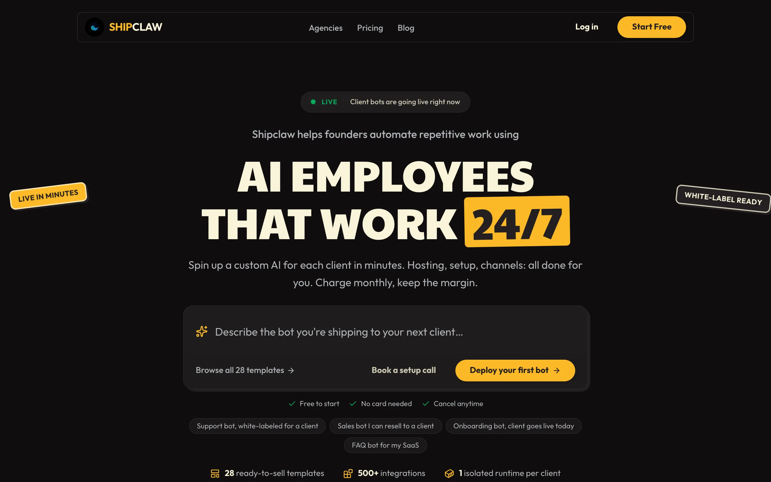 Screenshot of ShipClaw | Client-ready AI bot infrastructure for agencies