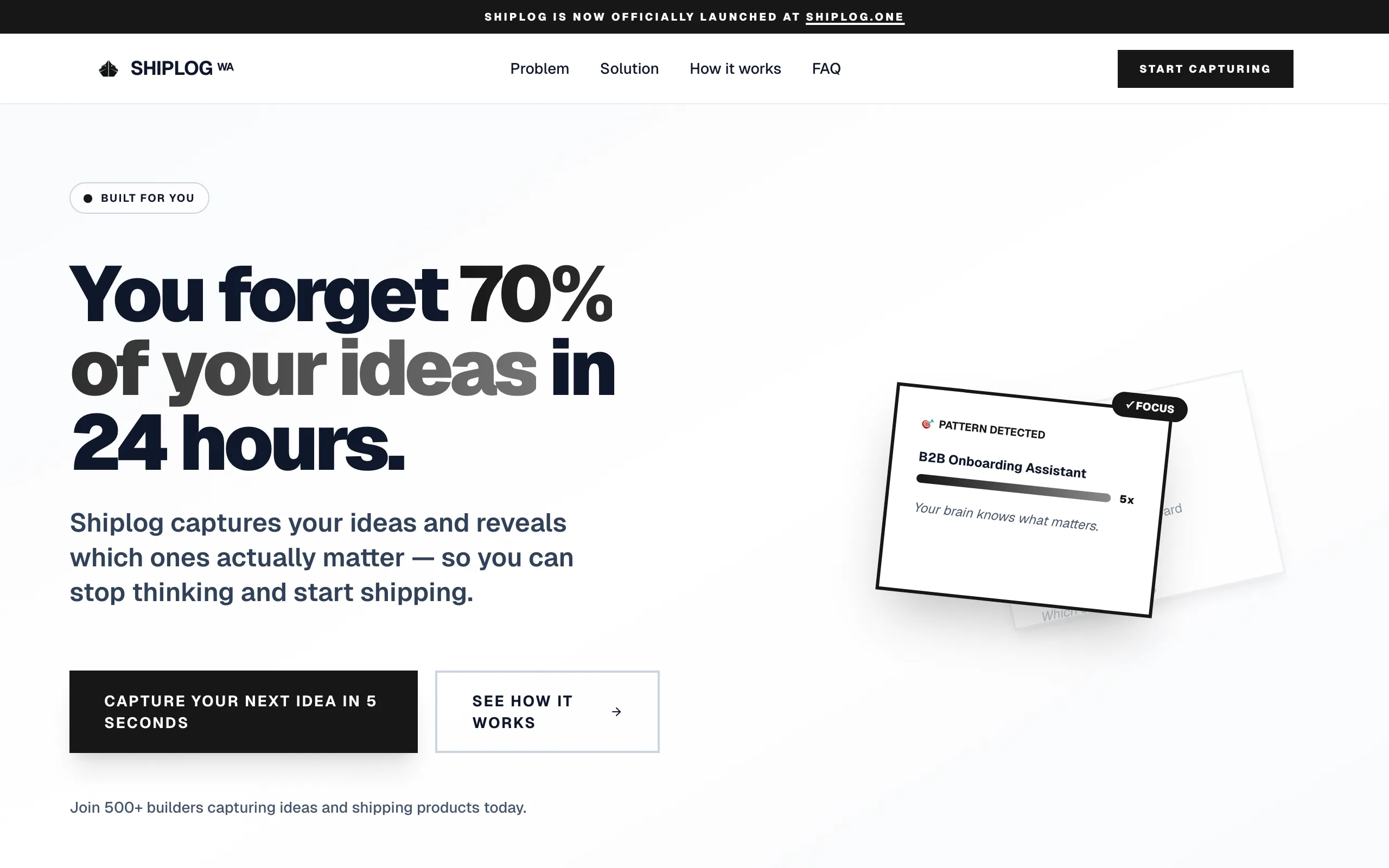 Screenshot of Shiplog — Stop forgetting ideas. Start shipping them.