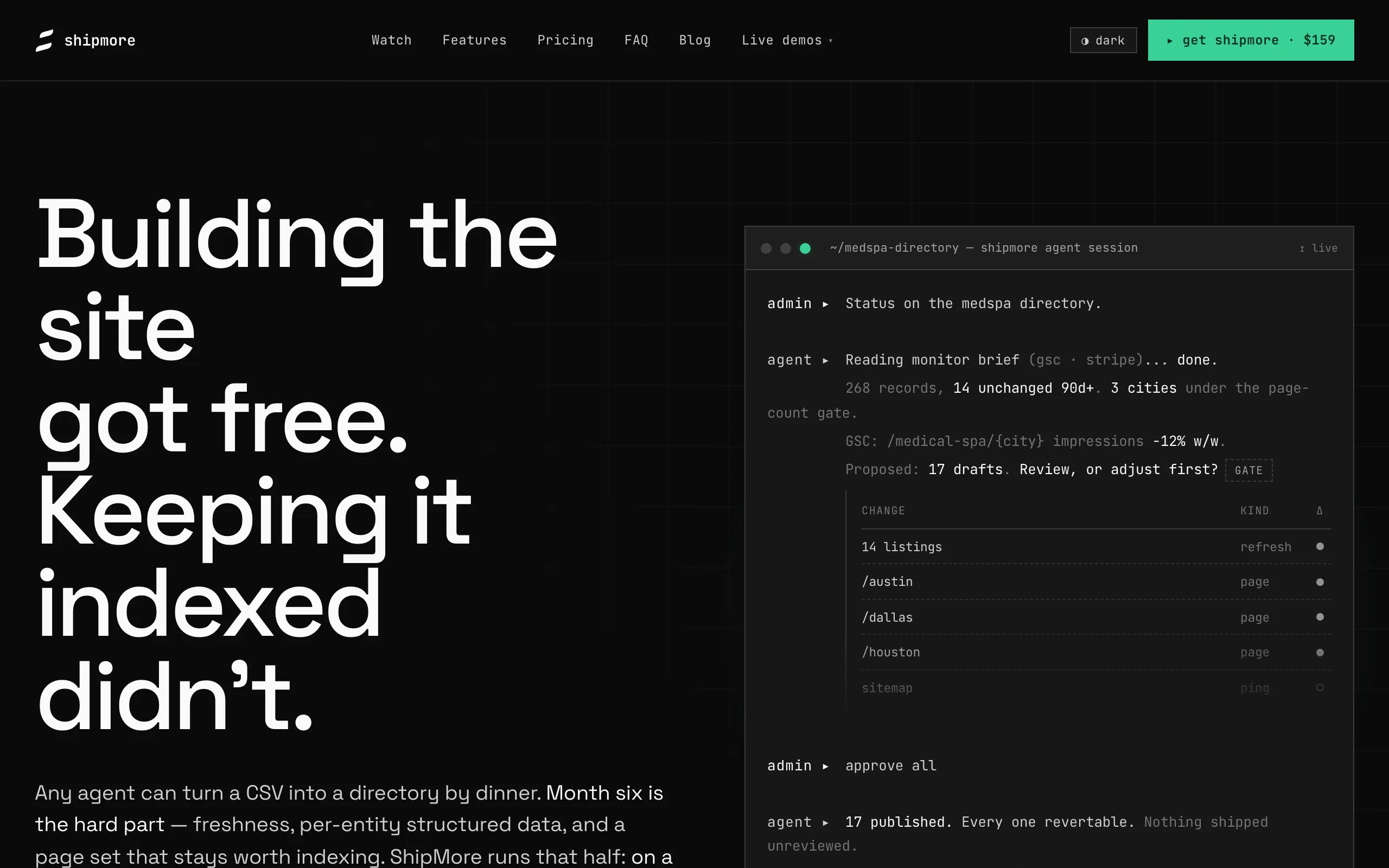 Screenshot of ShipMore — Building the site got free. Keeping it indexed didn't.