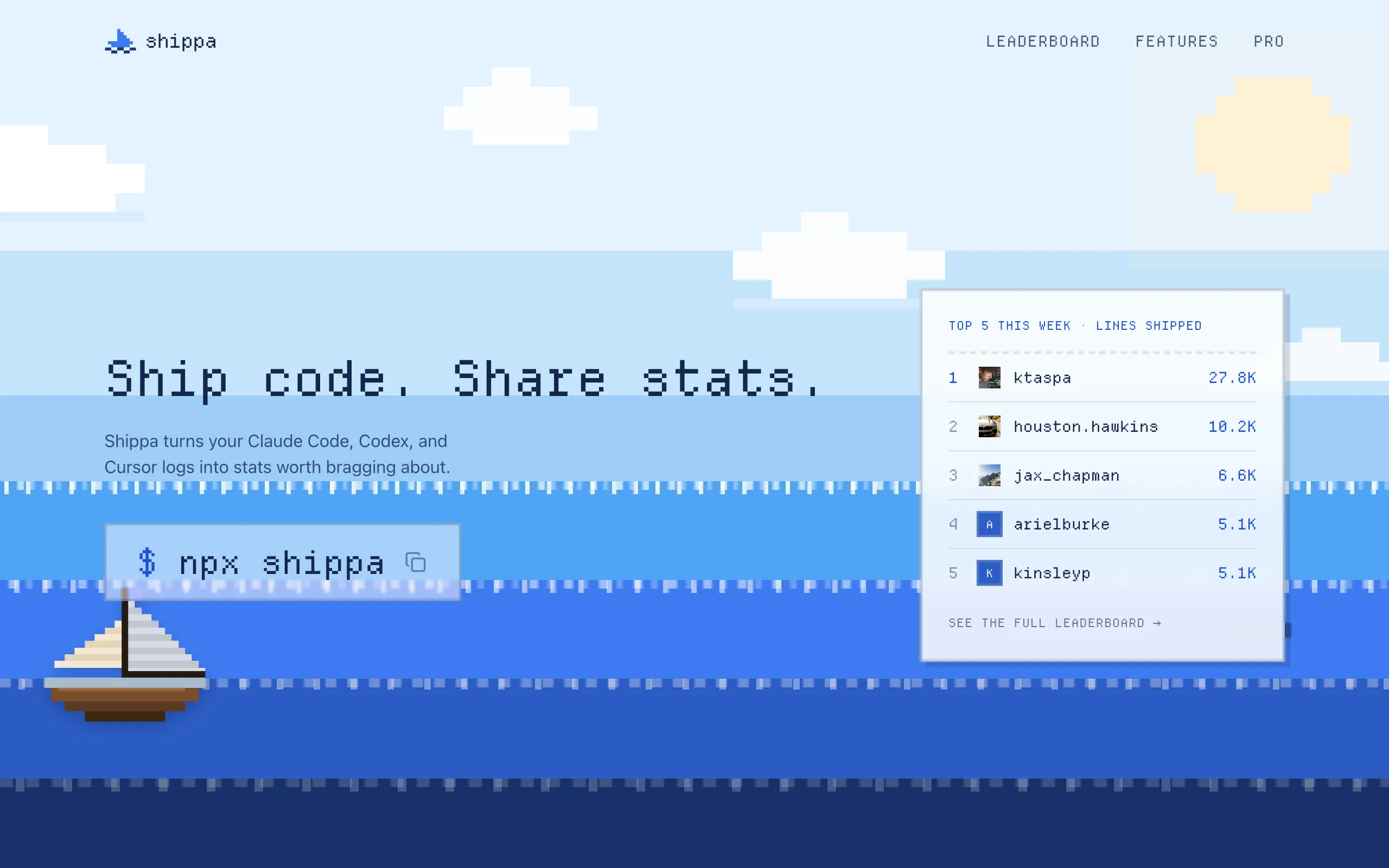 Screenshot of shippa — AI coding stats &amp; leaderboard for Claude Code, Codex &amp; Cursor