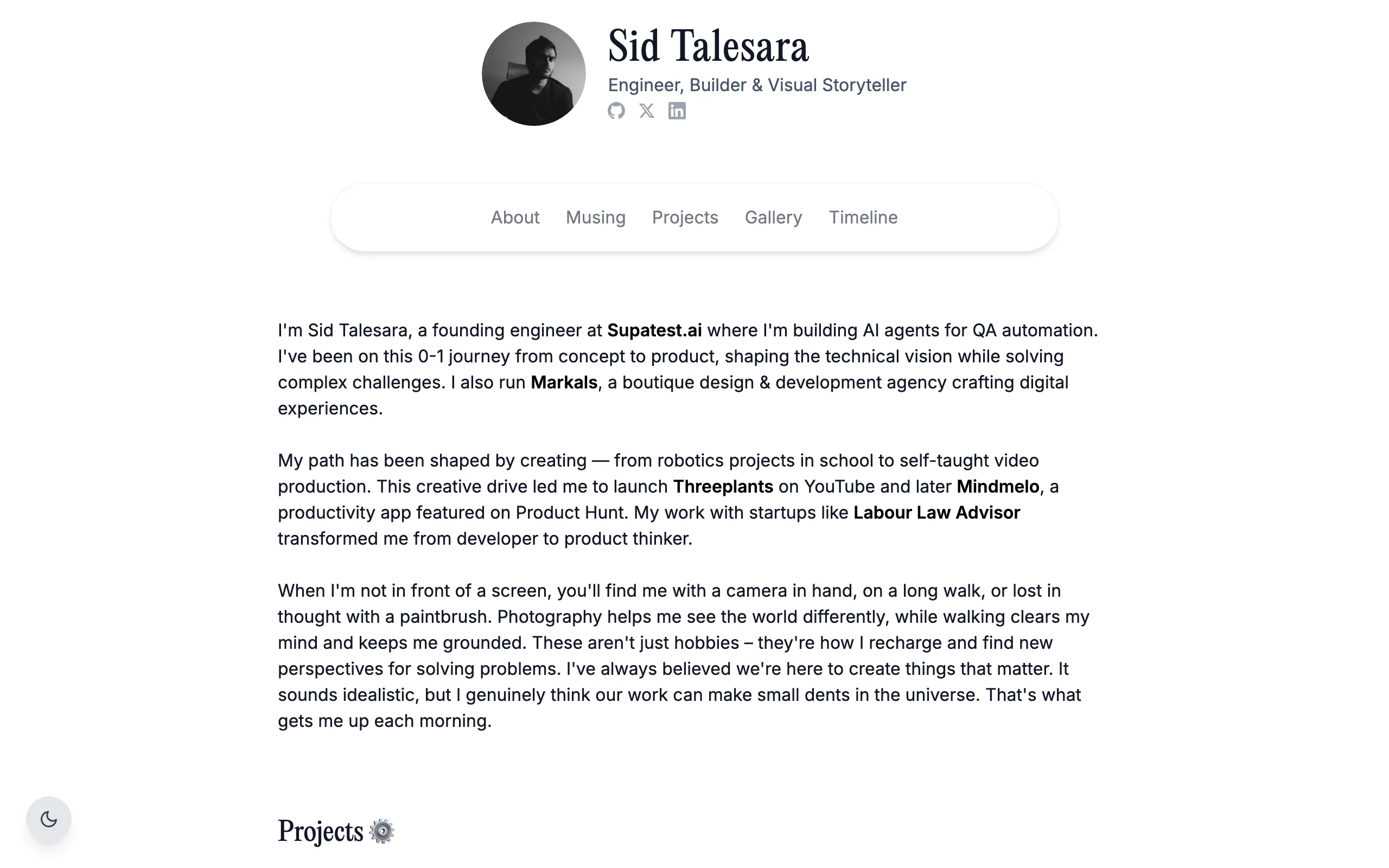 Screenshot of Sid Talesara - Engineer, Builder &amp; Visual Storyteller