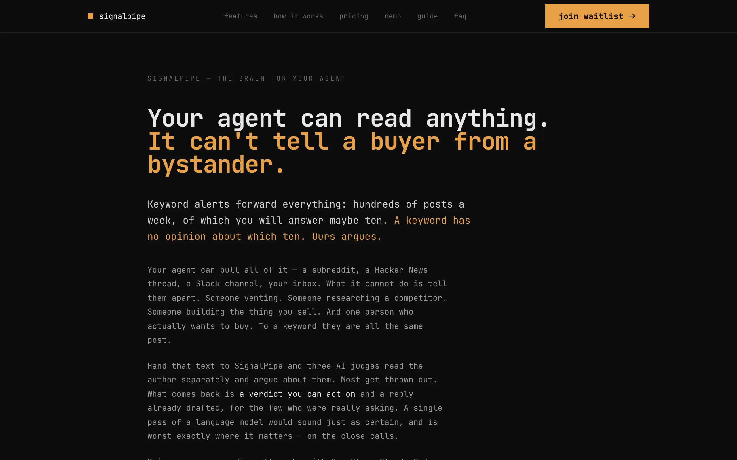Screenshot of SignalPipe — the brain for your agent: real buying intent, not just mentions