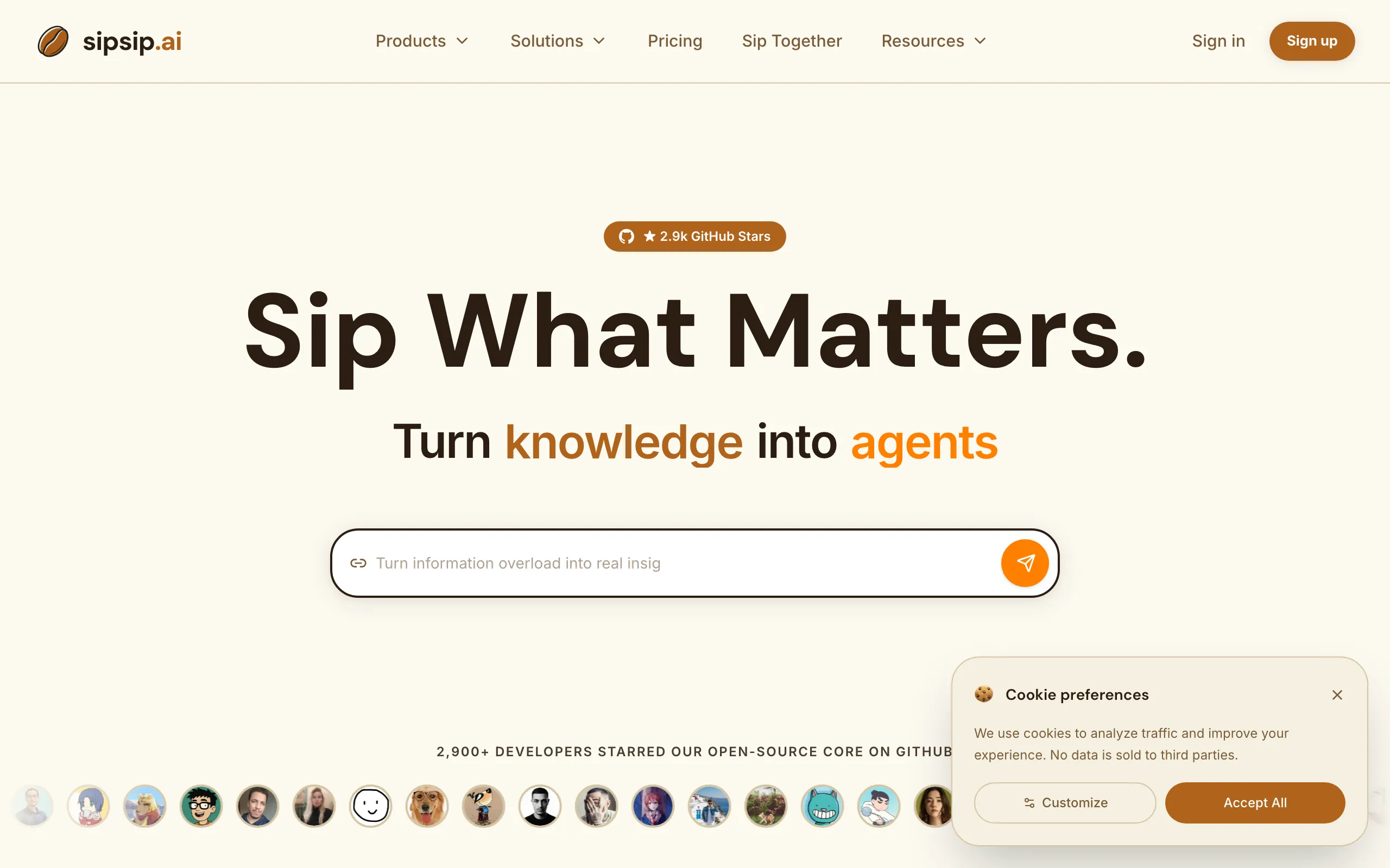 Screenshot of sipsip.ai — AI Summarizer, Transcriber &amp; Daily Brief