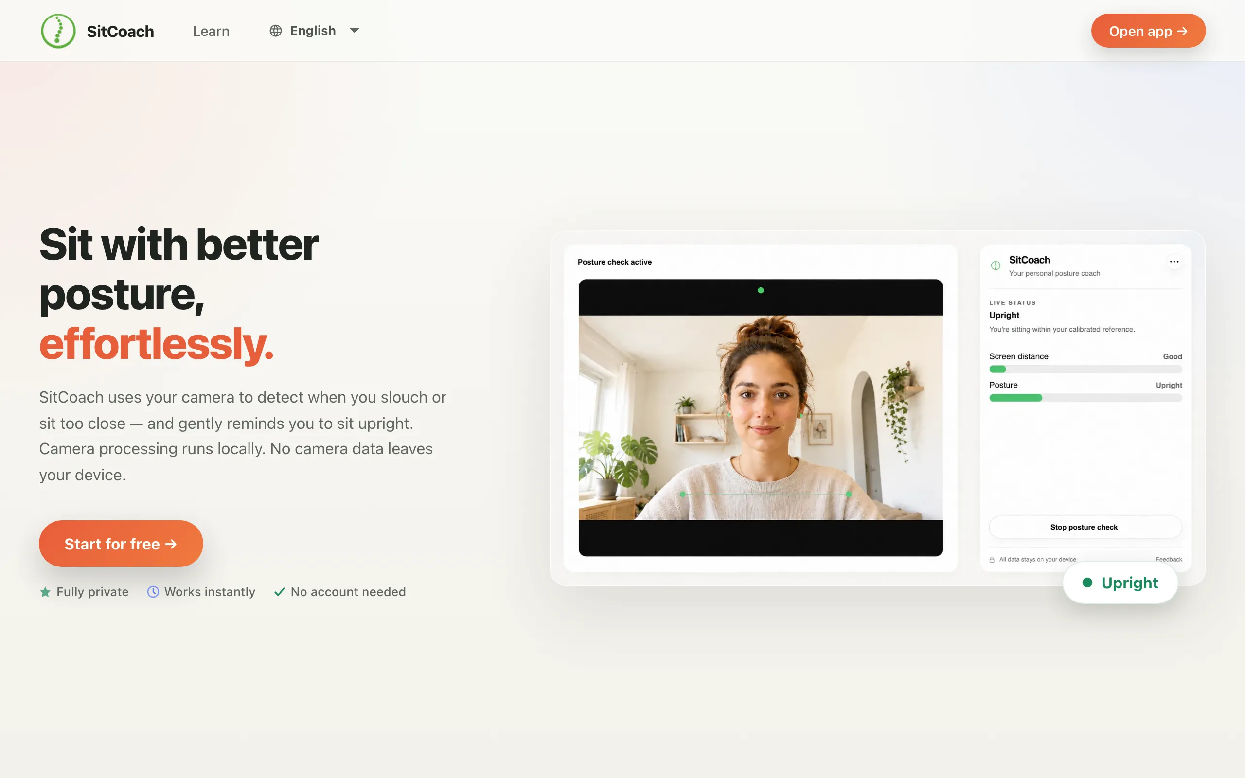 Screenshot of SitCoach — Private posture reminder app in your browser