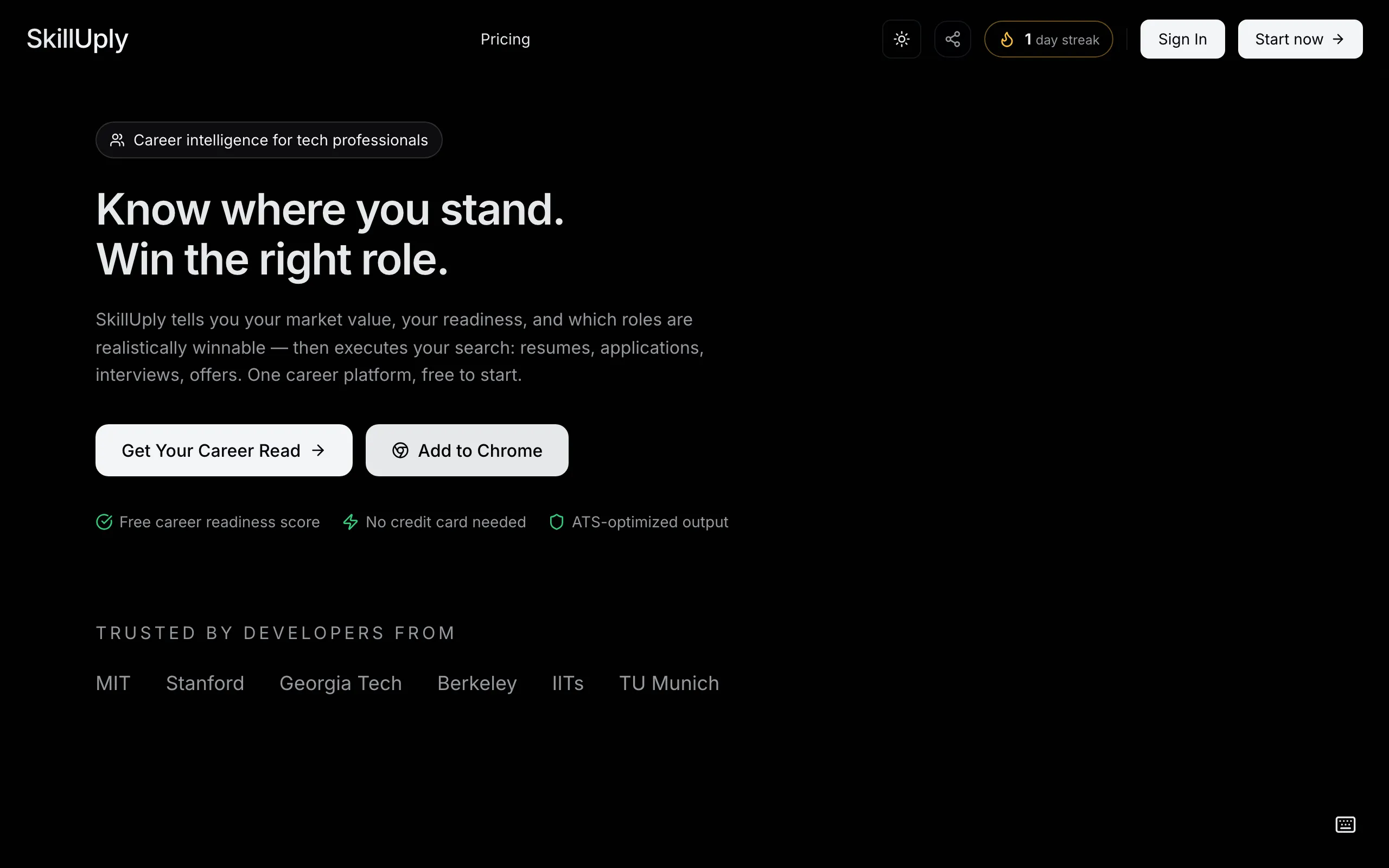 Screenshot of SkillUply — Career Intelligence Platform for Tech Professionals