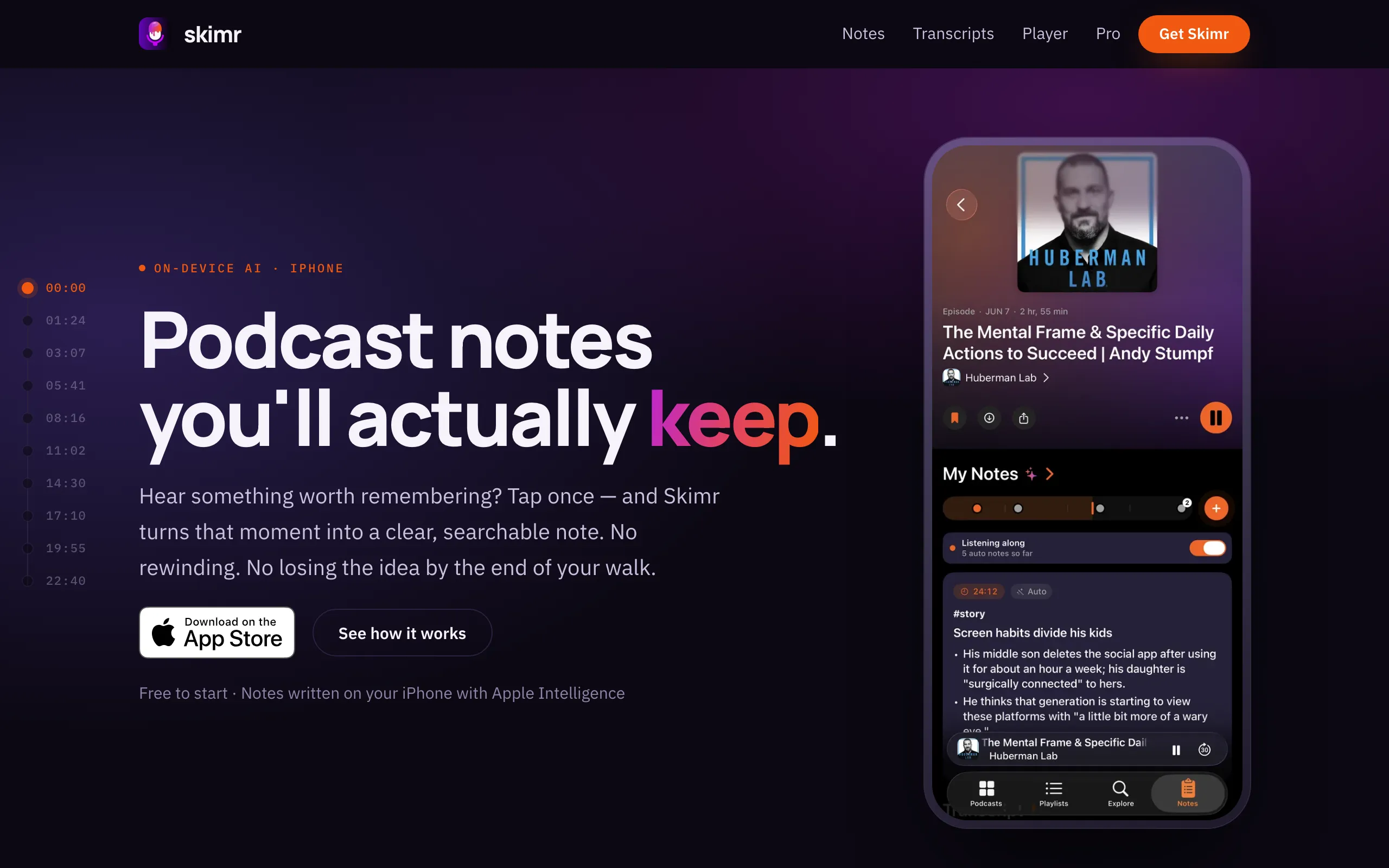 Screenshot of Skimr — AI Podcast Notes, Transcripts &amp; Player for iPhone