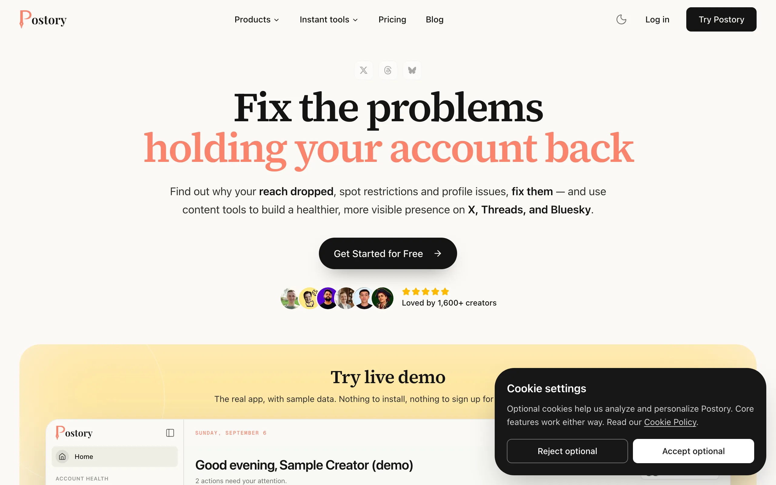 Screenshot of Social Media Management Tool for X, Threads &amp; Bluesky | Postory