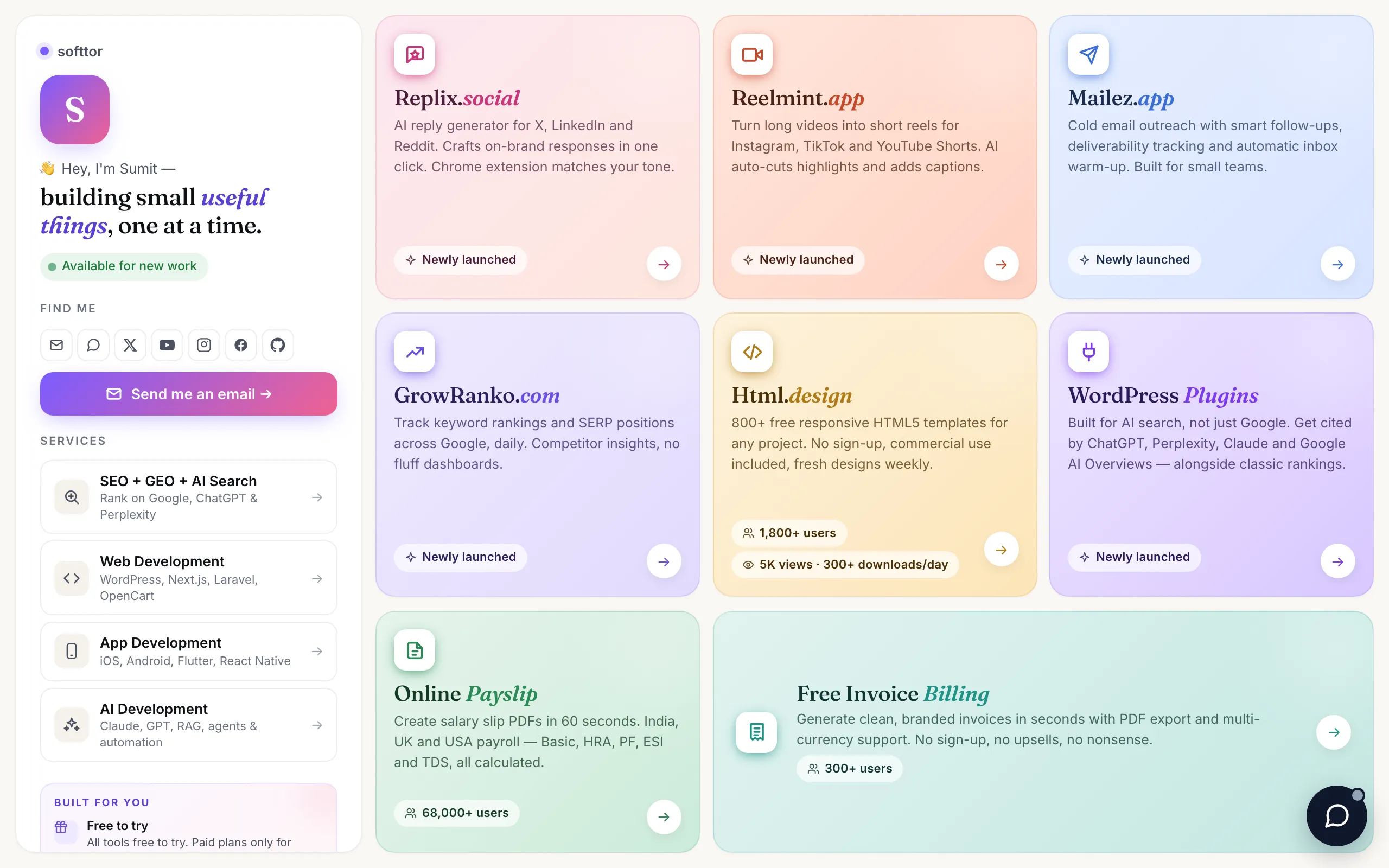 Screenshot of Softtor — Free Indie SaaS Tools by Sumit · SEO, AI, Invoicing, Reels