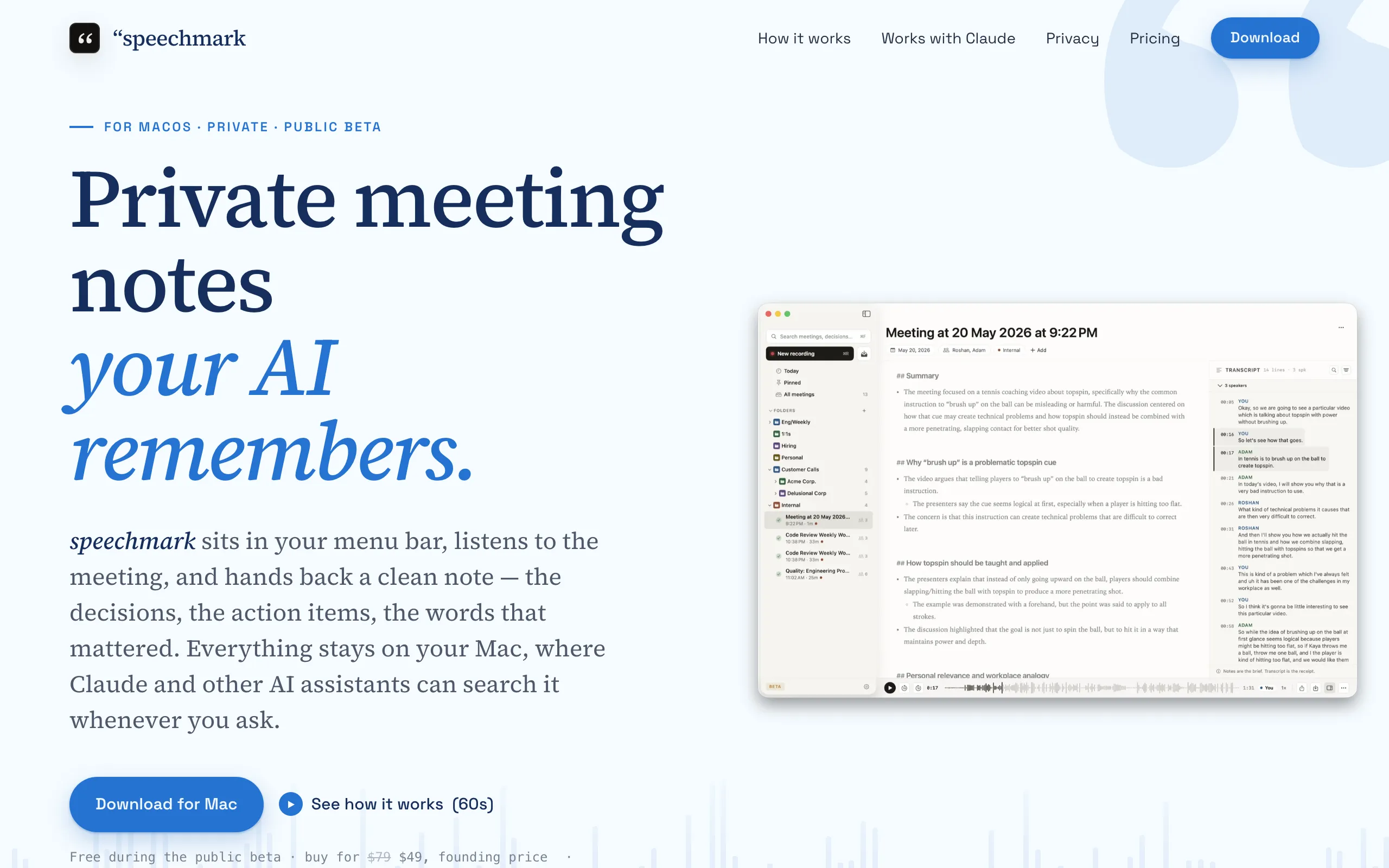 Screenshot of Speechmark — Private, on-device AI meeting notes for Mac