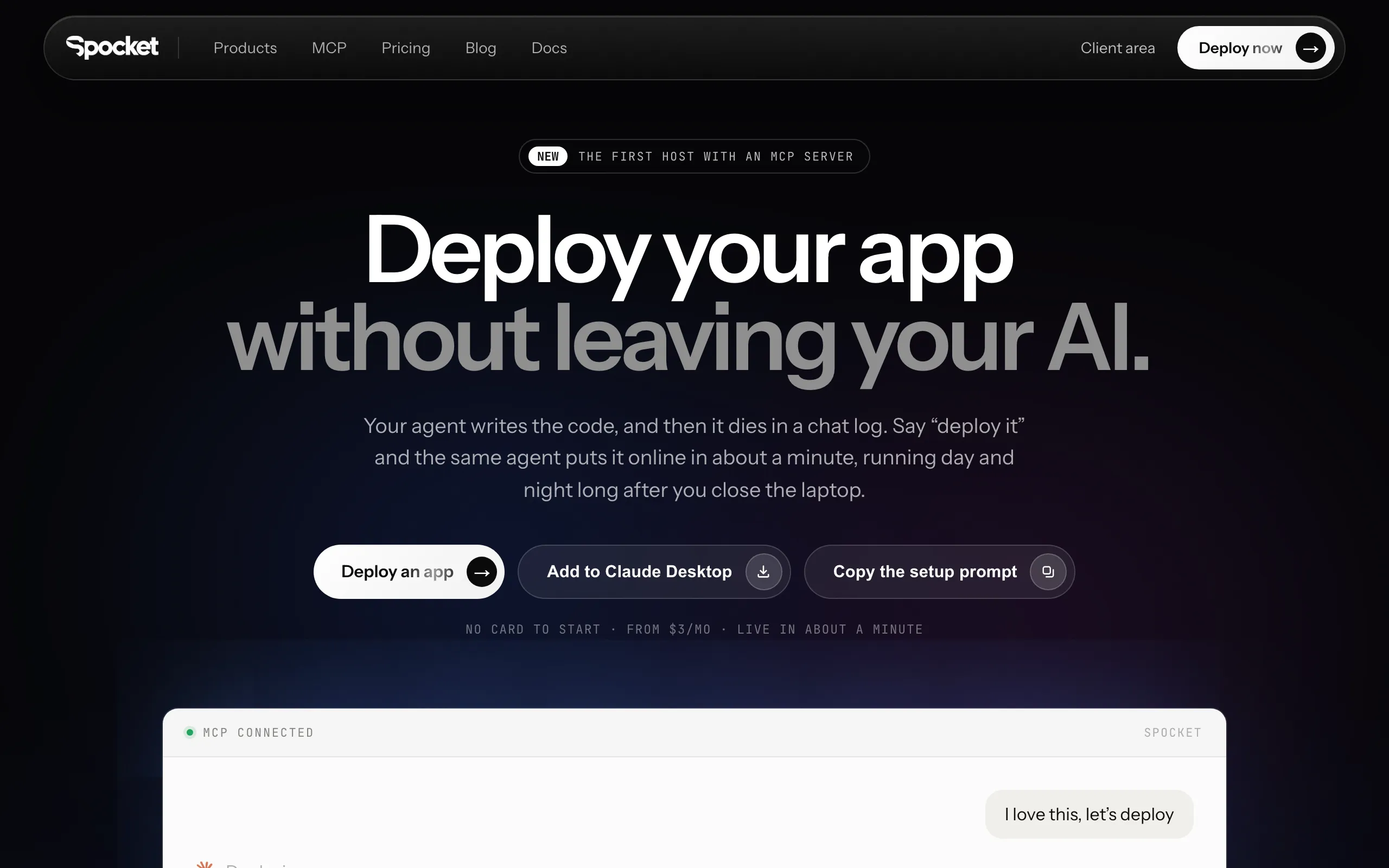 Screenshot of Spocket: deploy from Claude Code, Cursor or Codex, running 24/7