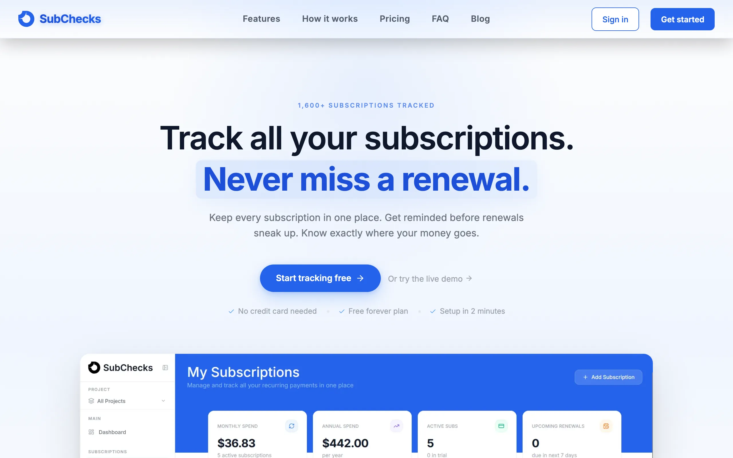 Screenshot of SubChecks - Track All Your Subscriptions. Never Miss a Renewal.