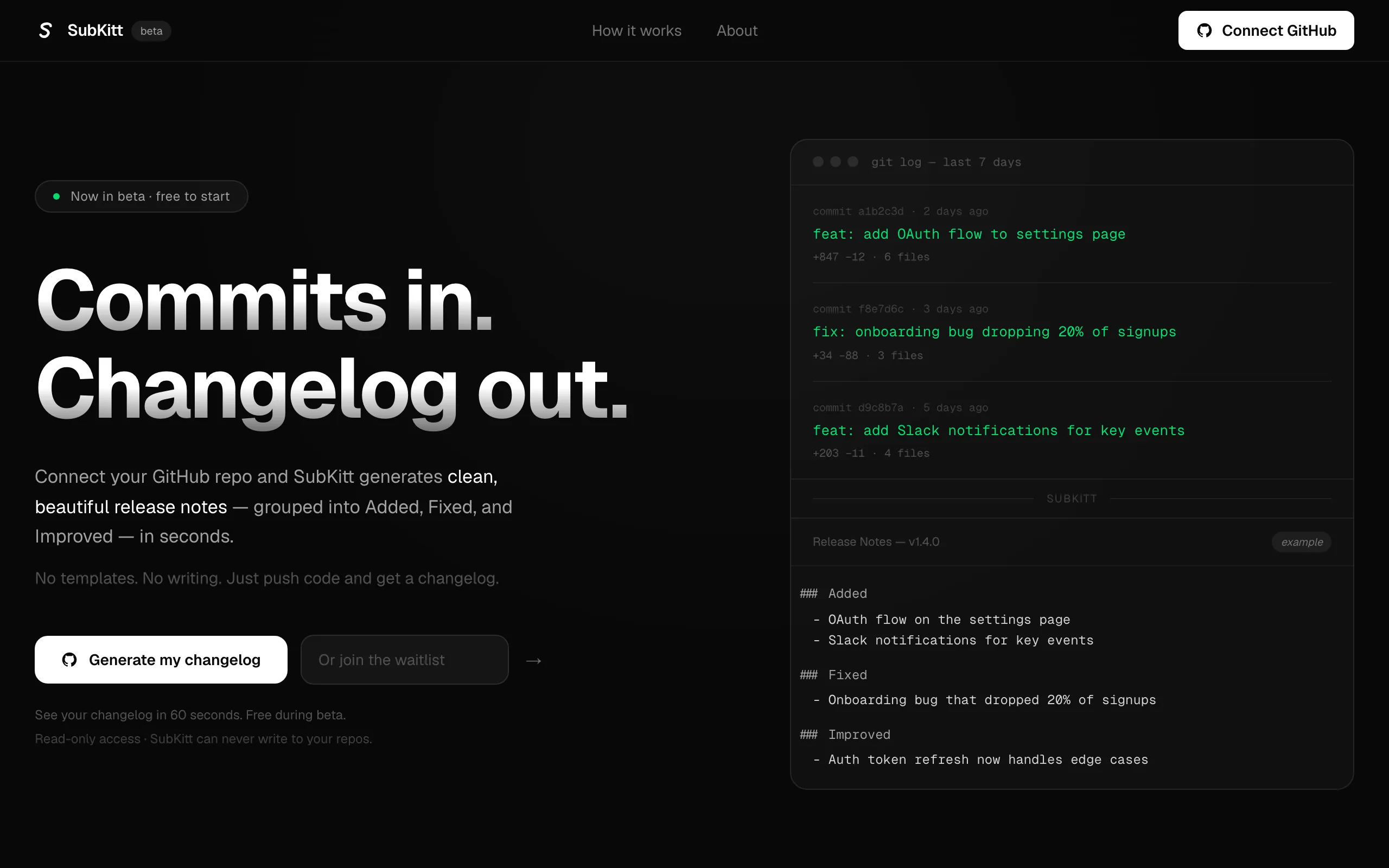 Screenshot of SubKitt — GitHub commits → clean changelog