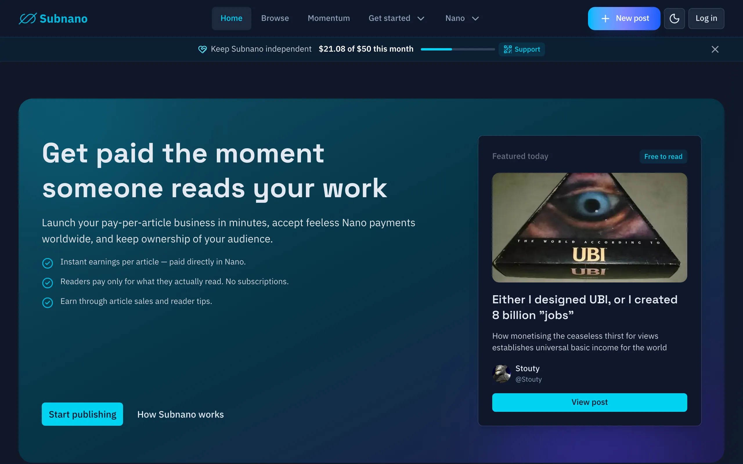 Screenshot of Subnano - Get paid instantly for every reader | Subnano