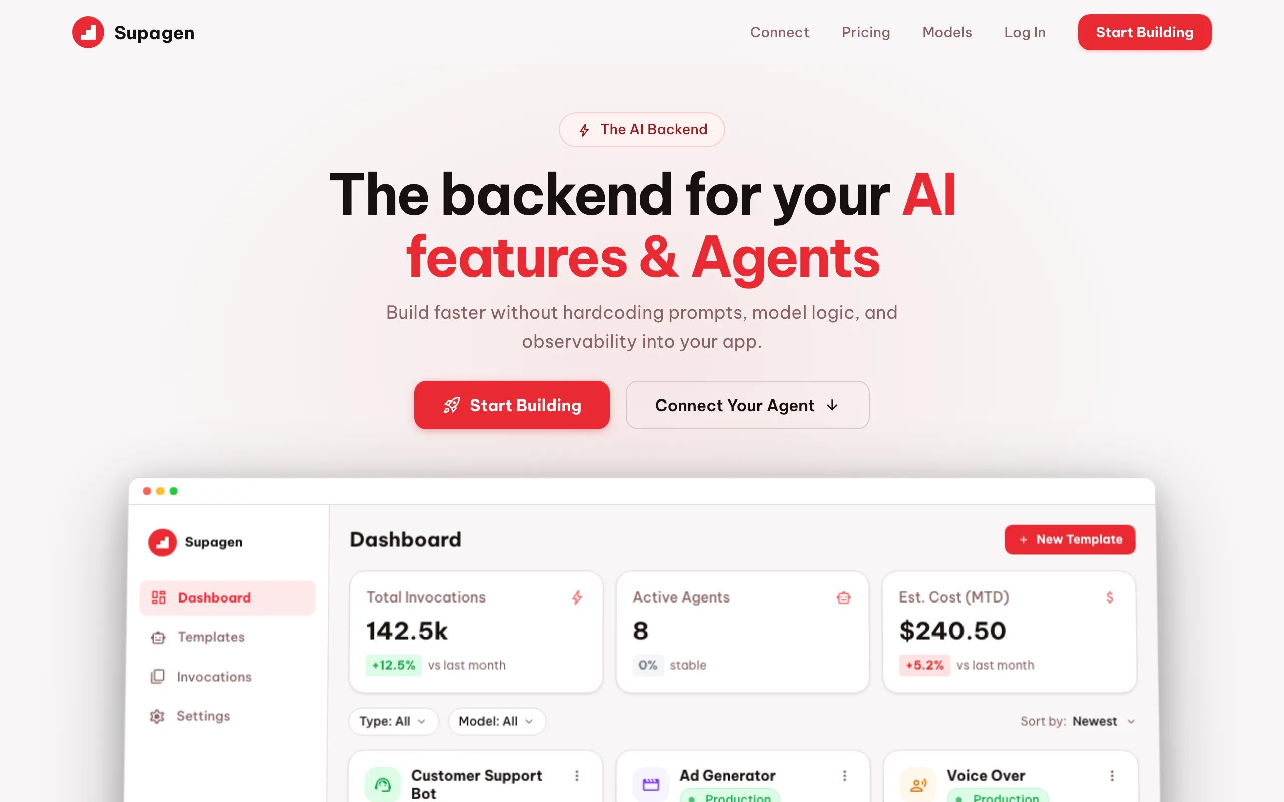 Screenshot of Supagen — The Backend for AI Features & Agents