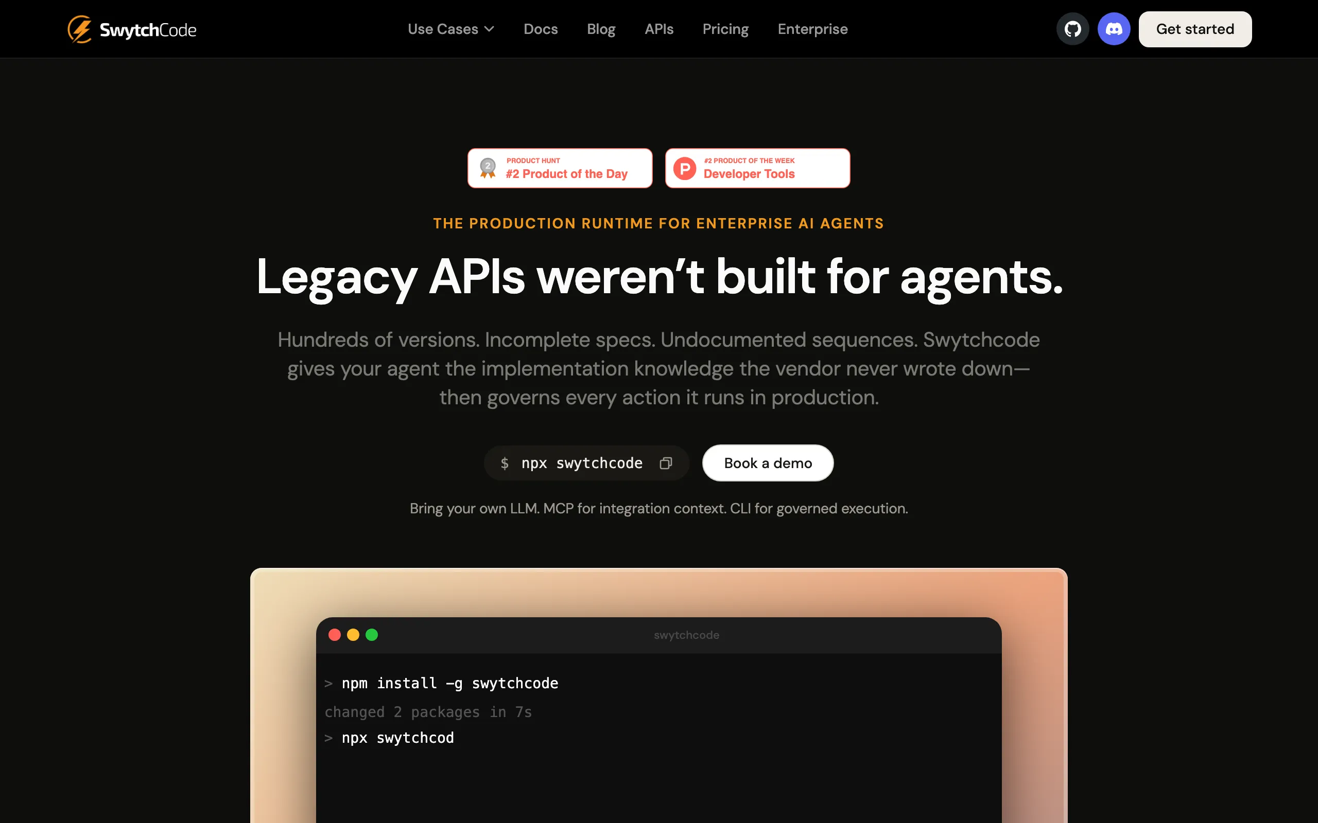 Screenshot of Swytchcode | Legacy APIs weren't built for agents.
