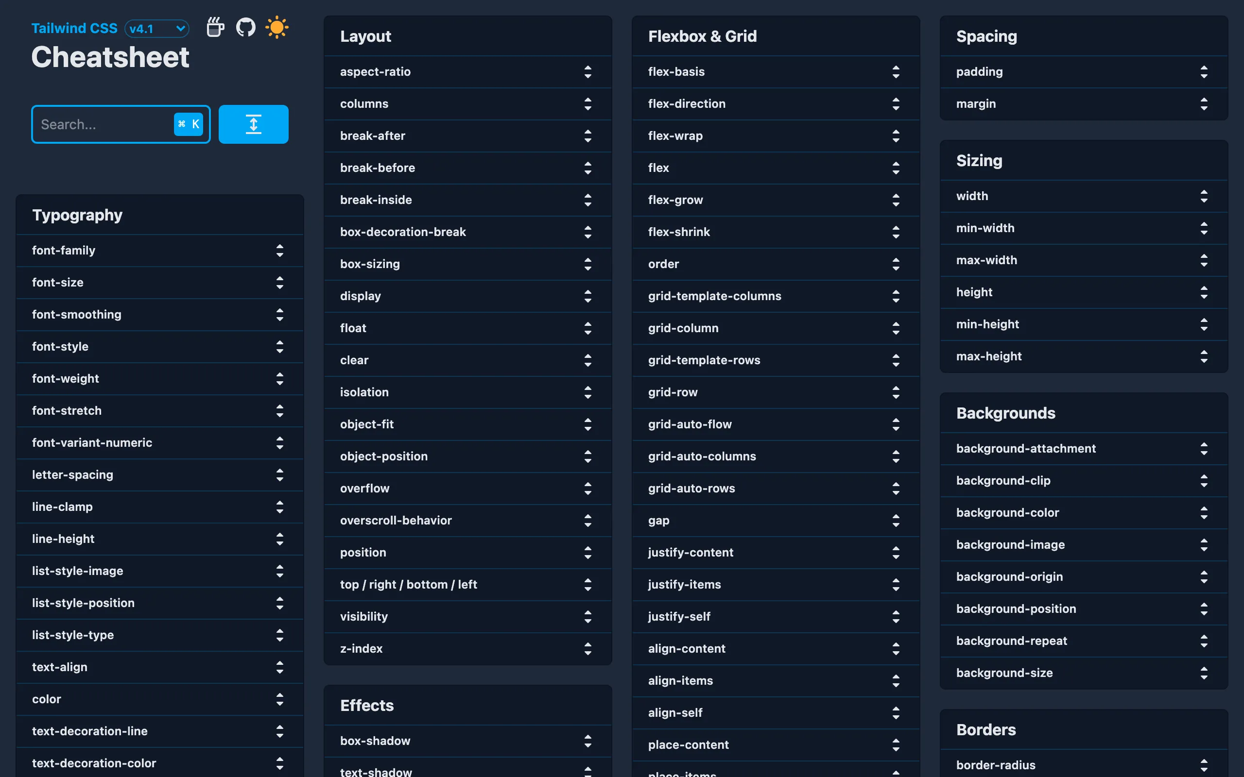 Screenshot of Tailwind CSS Cheatsheet