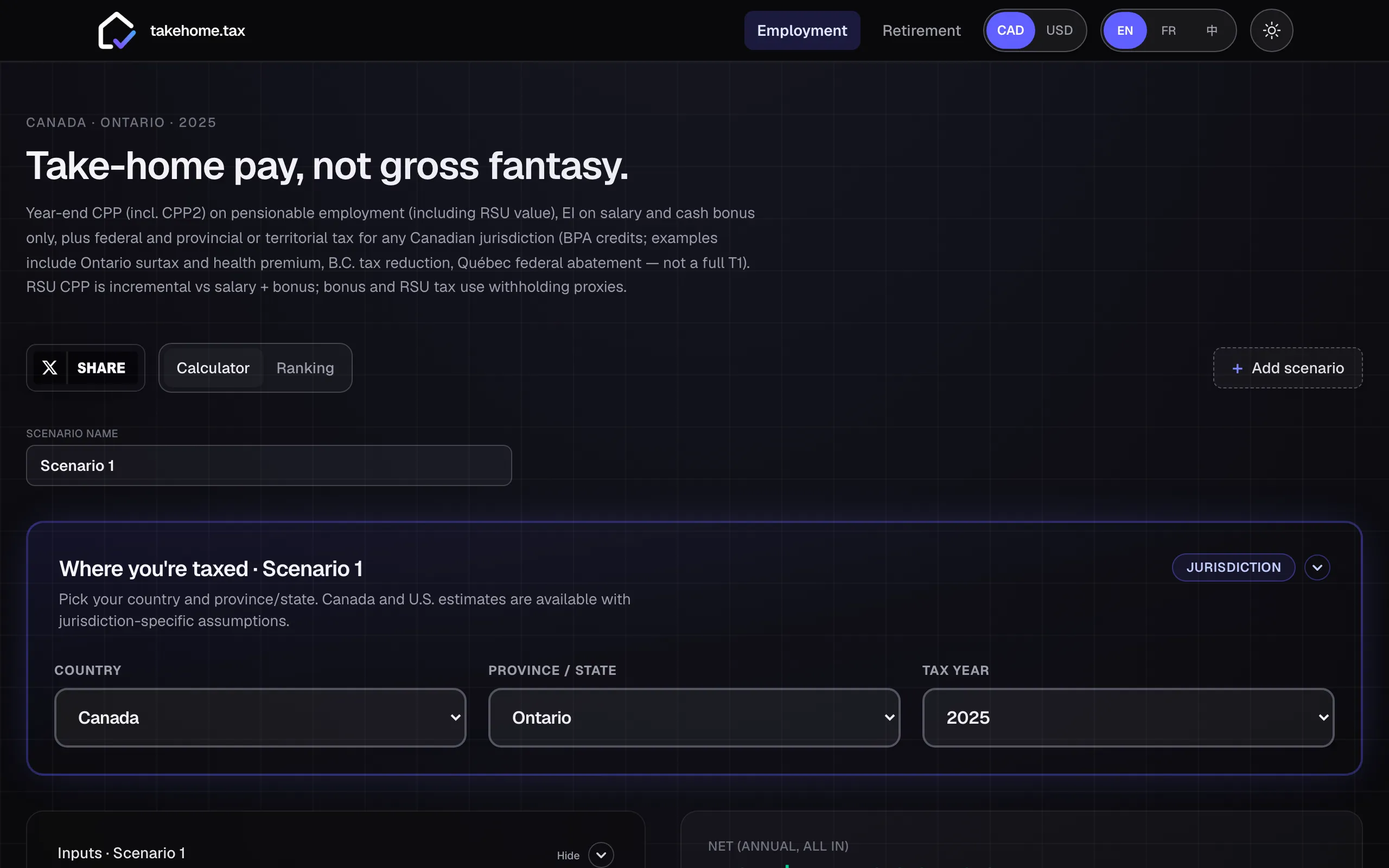 Screenshot of takehome.tax — Canada &amp; US Tax Calculator