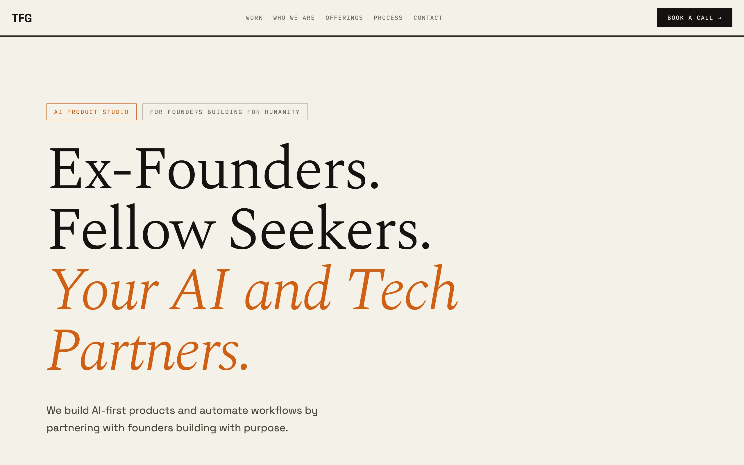 Screenshot of Tech for Good (TFG) — AI Product Studio for Conscious Founders