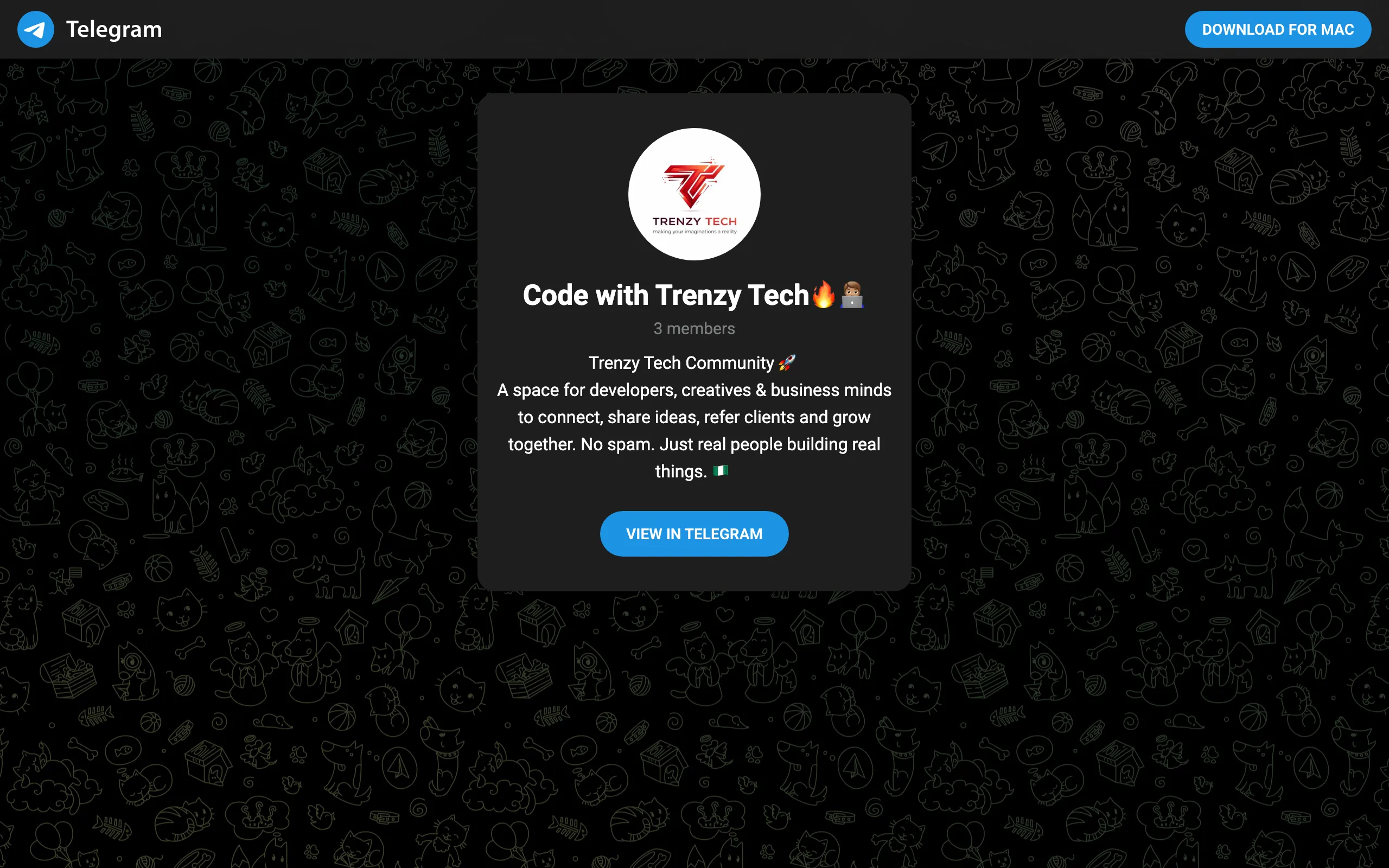 Screenshot of Telegram: View @codewithtrenzytech