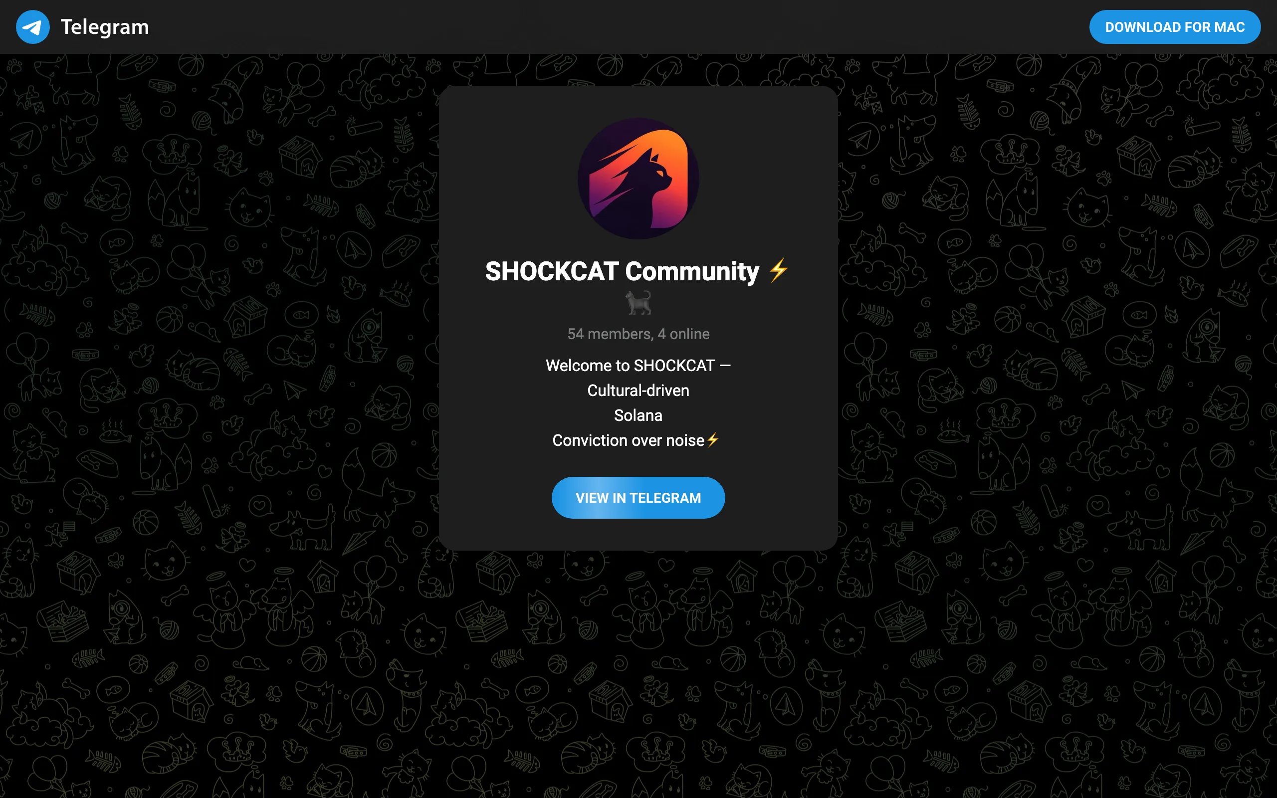 Screenshot of Telegram: View @ShockCatOnSol