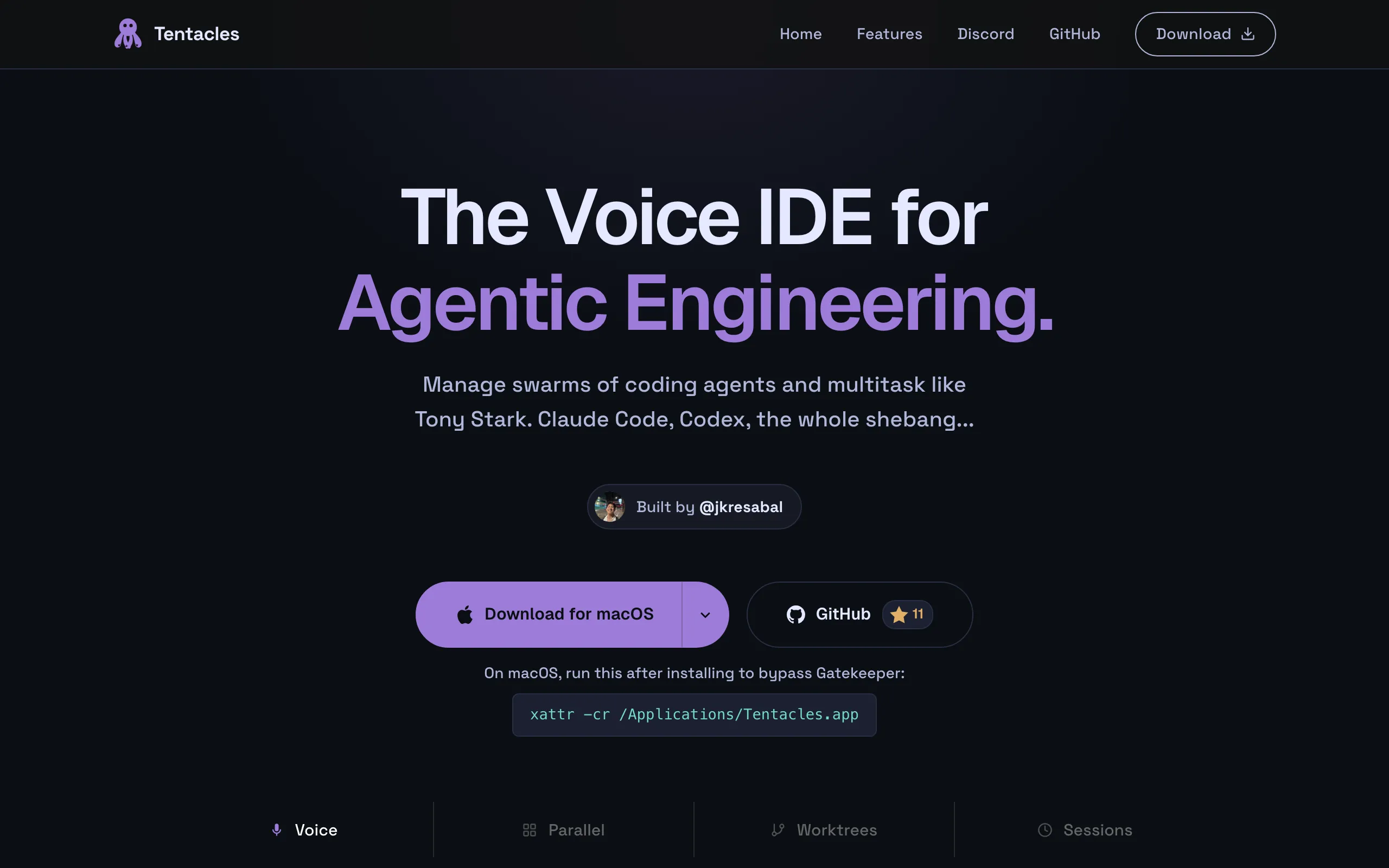 Screenshot of Tentacles: The Voice IDE for Agentic Engineering Teams