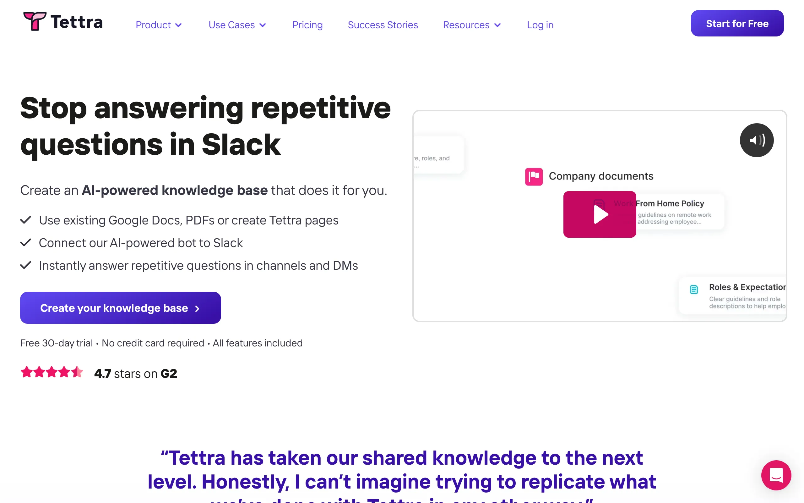 Screenshot of Tettra | AI Internal Knowledge Base &amp; Knowledge Management
