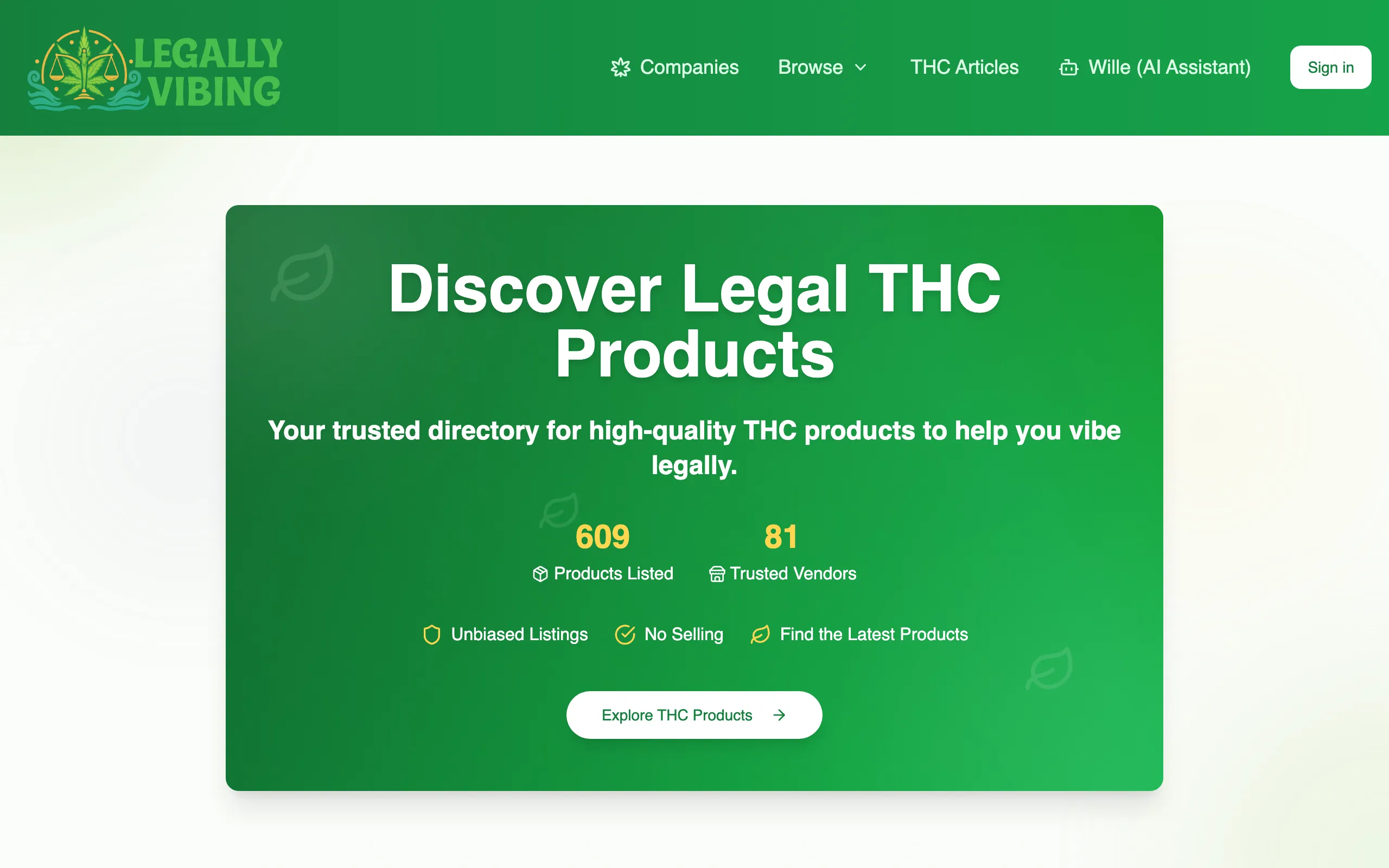 Screenshot of THC Product Directory - Gummies, Seltzers, Cocktails | Legally Vibing