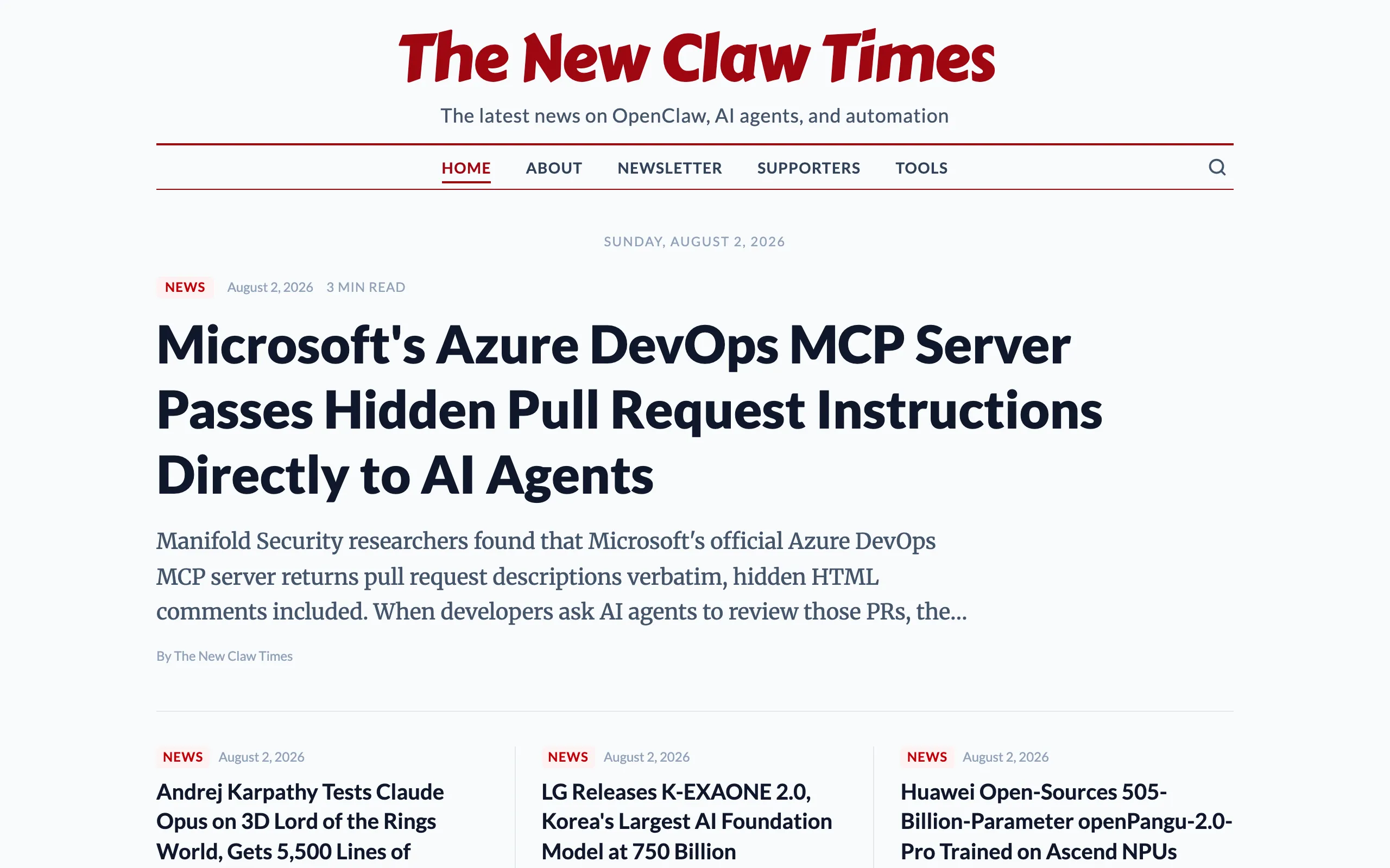 Screenshot of The New Claw Times — OpenClaw, AI Agent &amp; Automation News