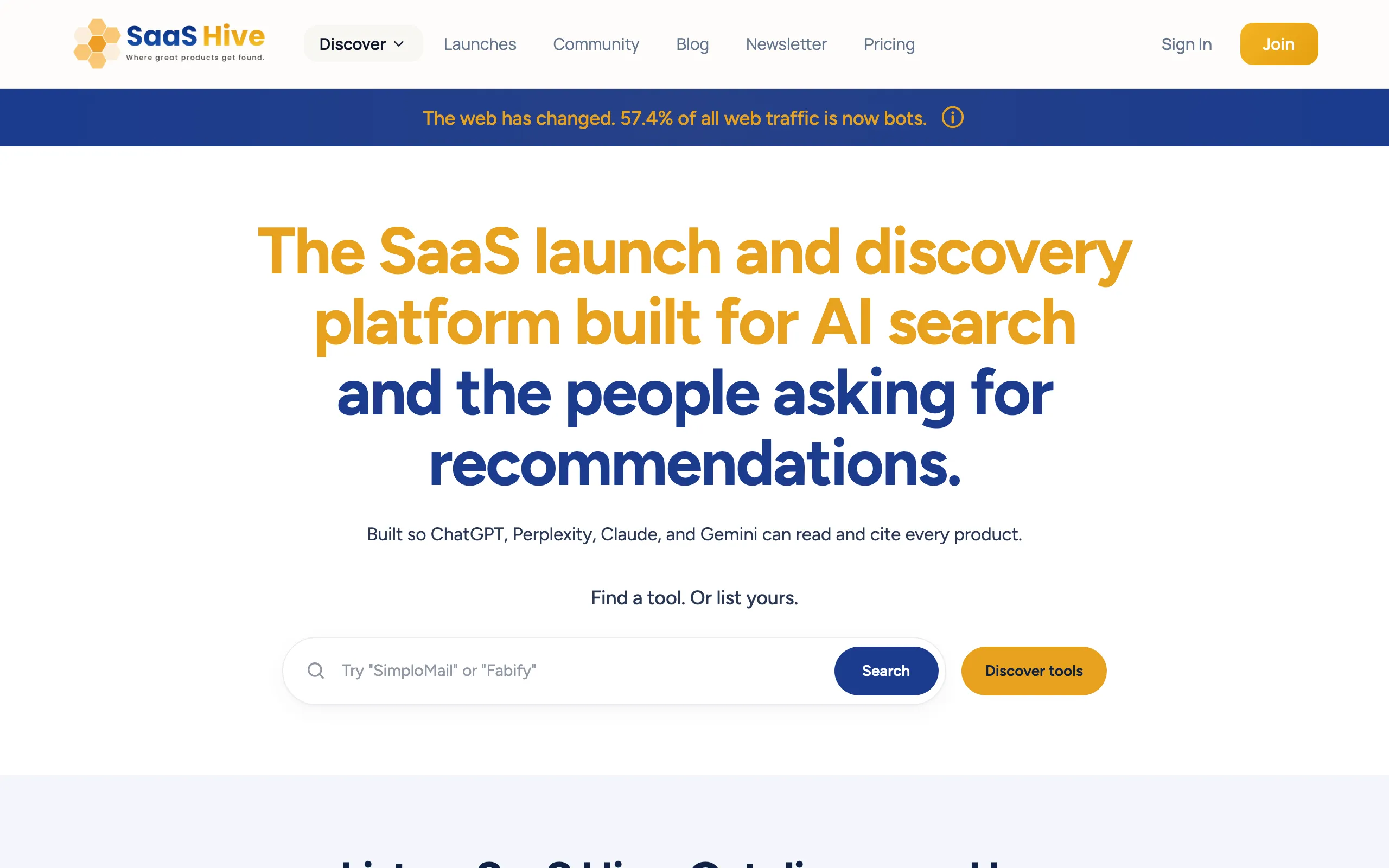 Screenshot of The SaaS launch and discovery platform built for AI search engines. And the people asking them for recommendations.