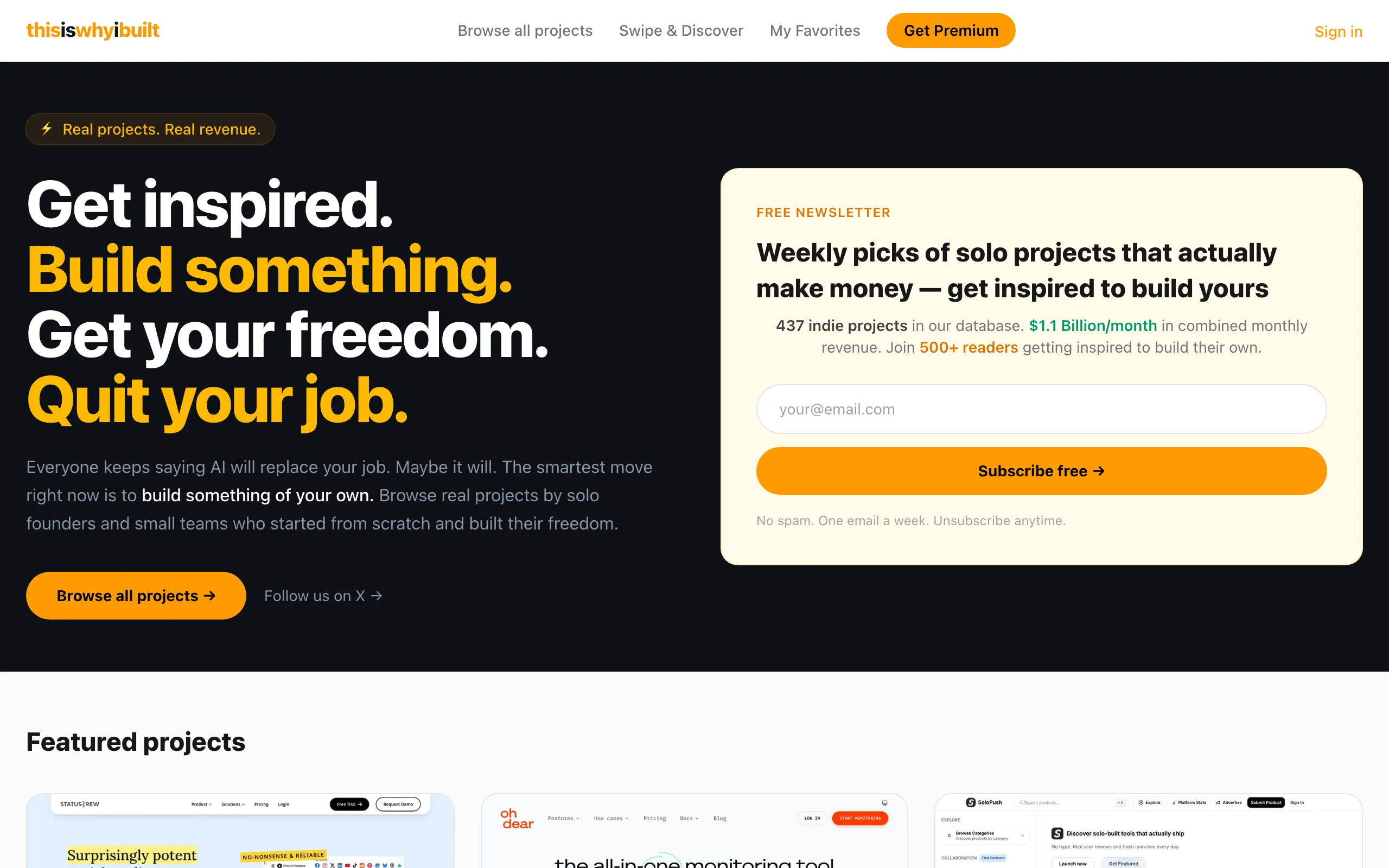 Screenshot of thisiswhyibuilt — Solo Dev Projects &amp; Indie Hacker Stories