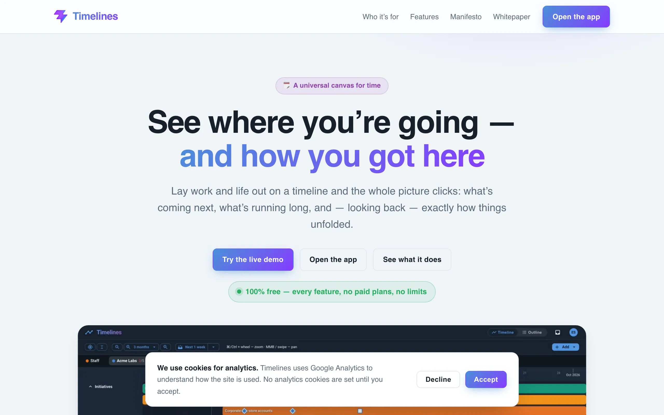 Screenshot of Timelines — visual timelines for everything you plan