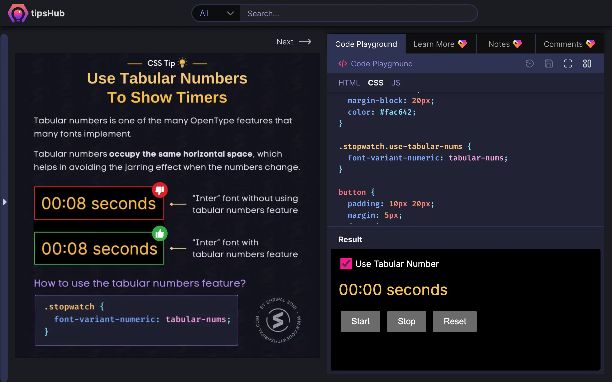 Screenshot of Tips Hub - an interactive platform with 250+ practical frontend tips