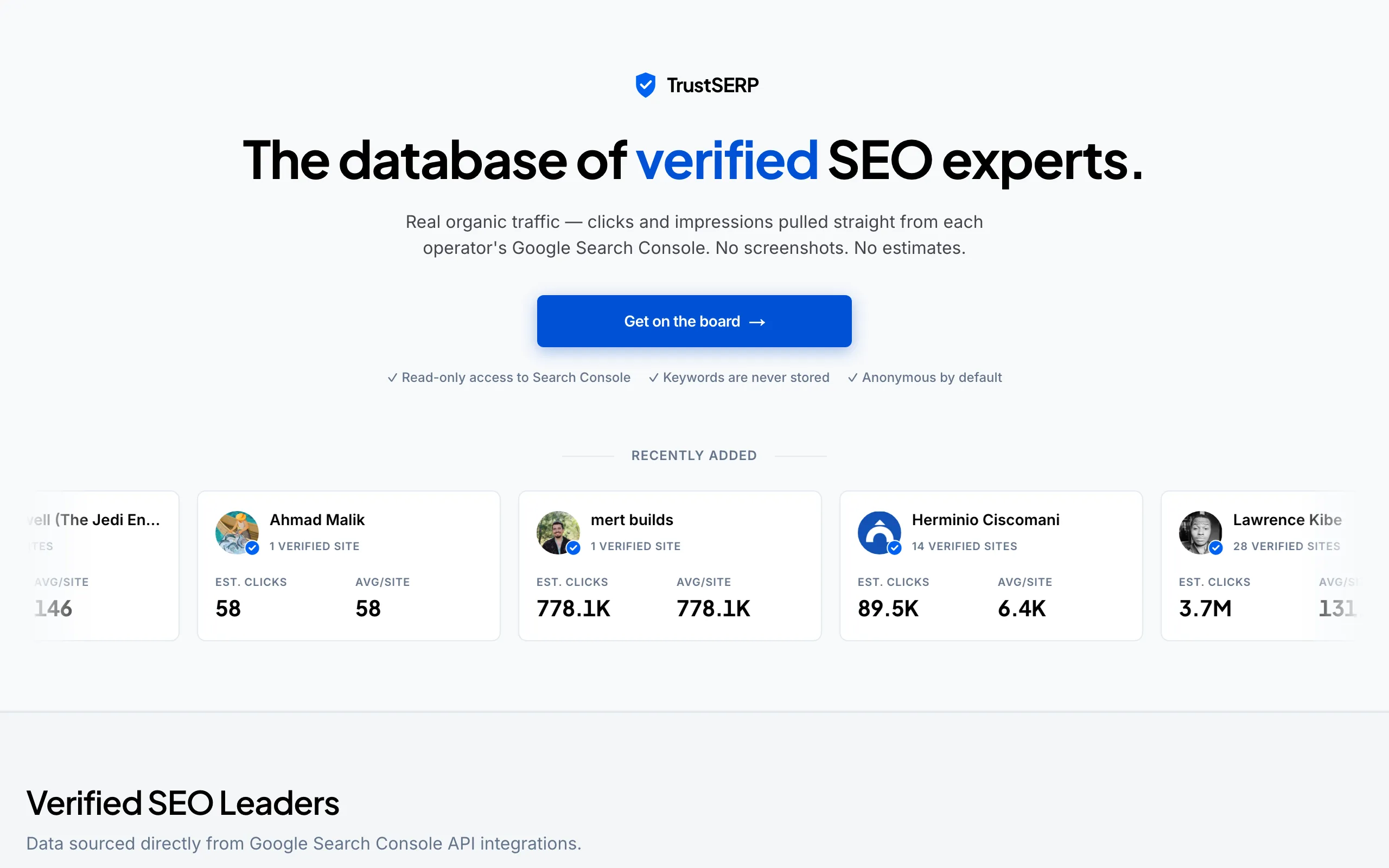 Screenshot of Top SEO Experts, Ranked by Verified Search Console Data — TrustSERP