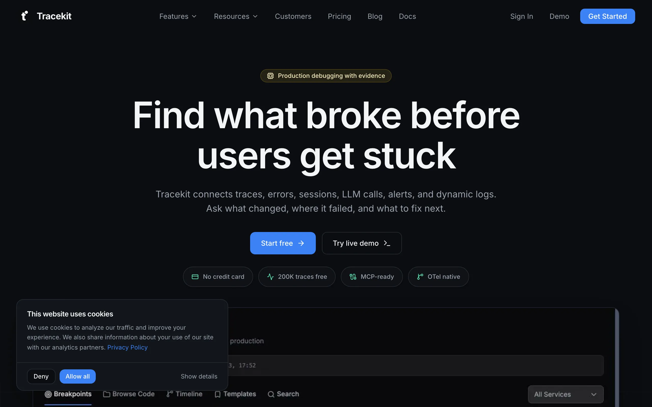 Screenshot of Tracekit - Find What Broke in Production