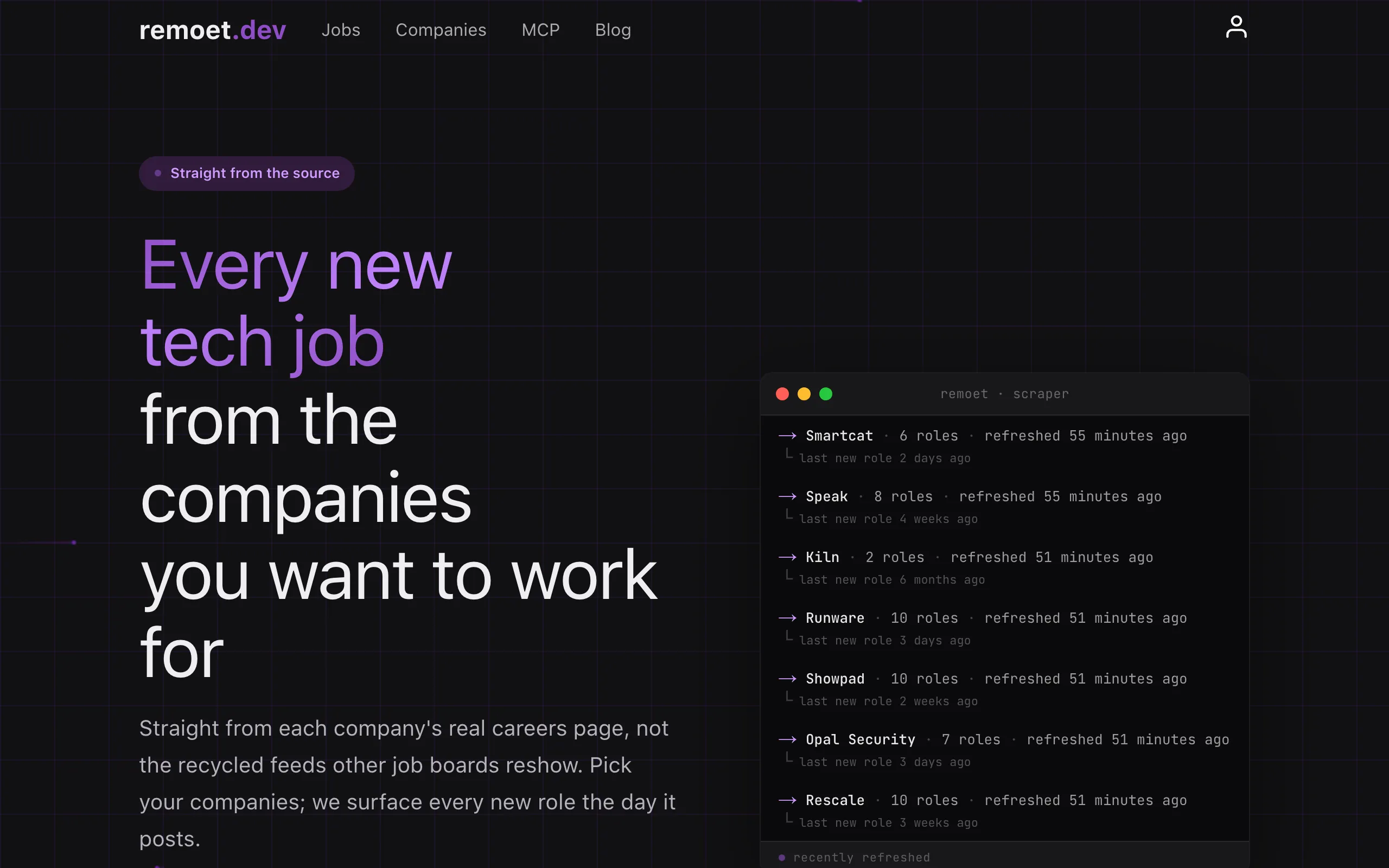 Screenshot of Track tech jobs from companies you love | remoet.dev
