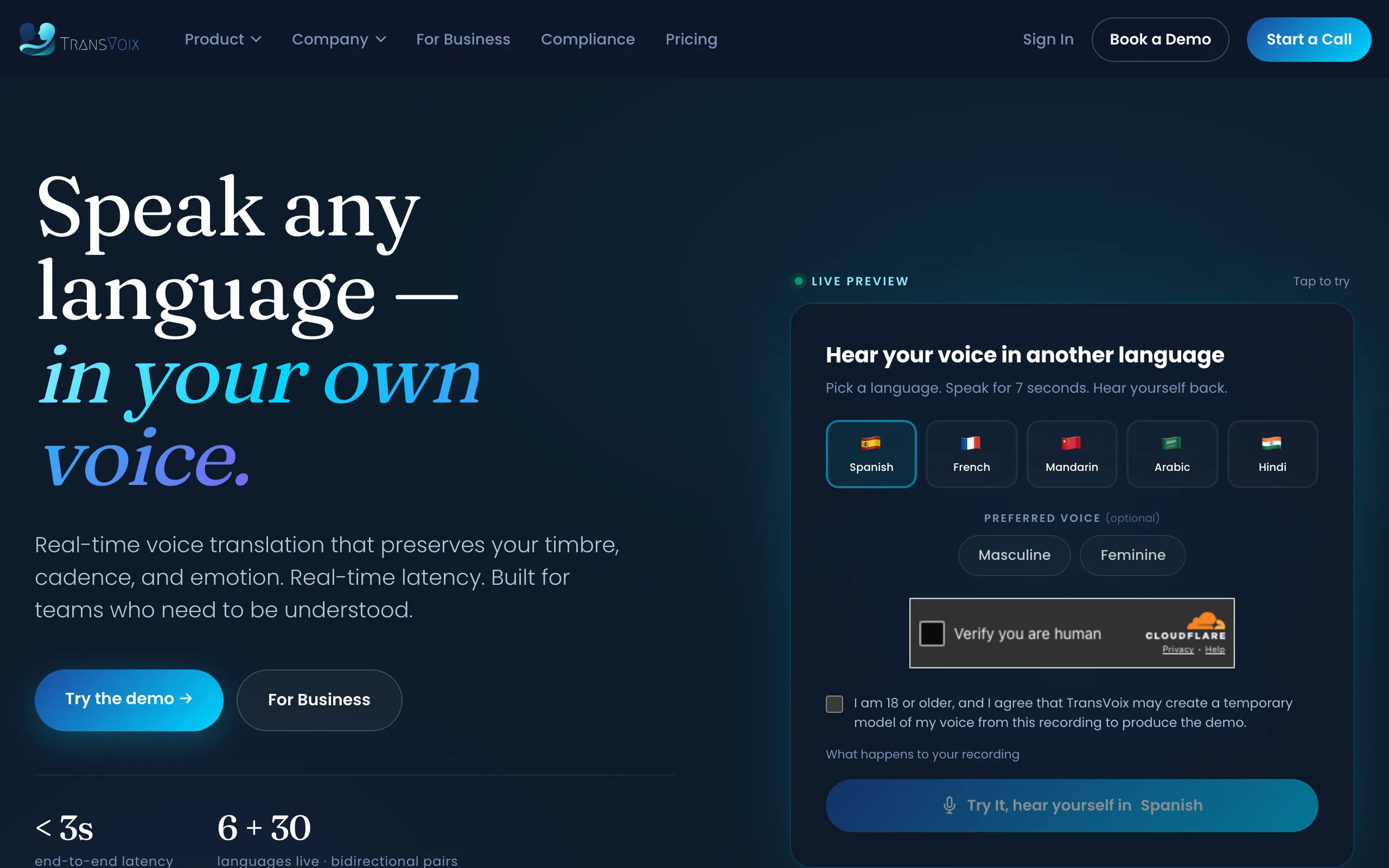 Screenshot of TransVoix — Speak any language in your own voice