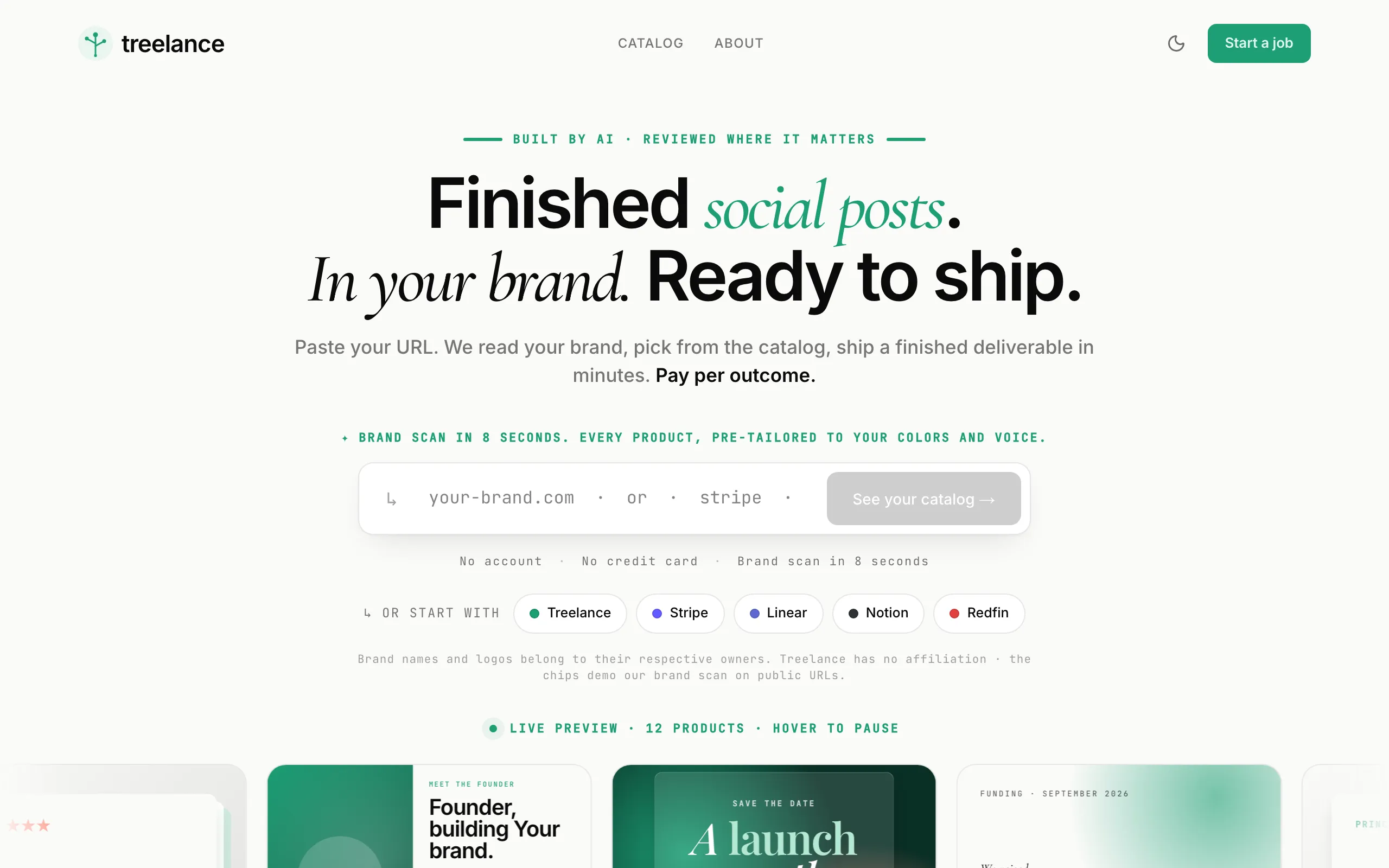 Screenshot of Treelance · Finished work. In your brand. Ready to ship.