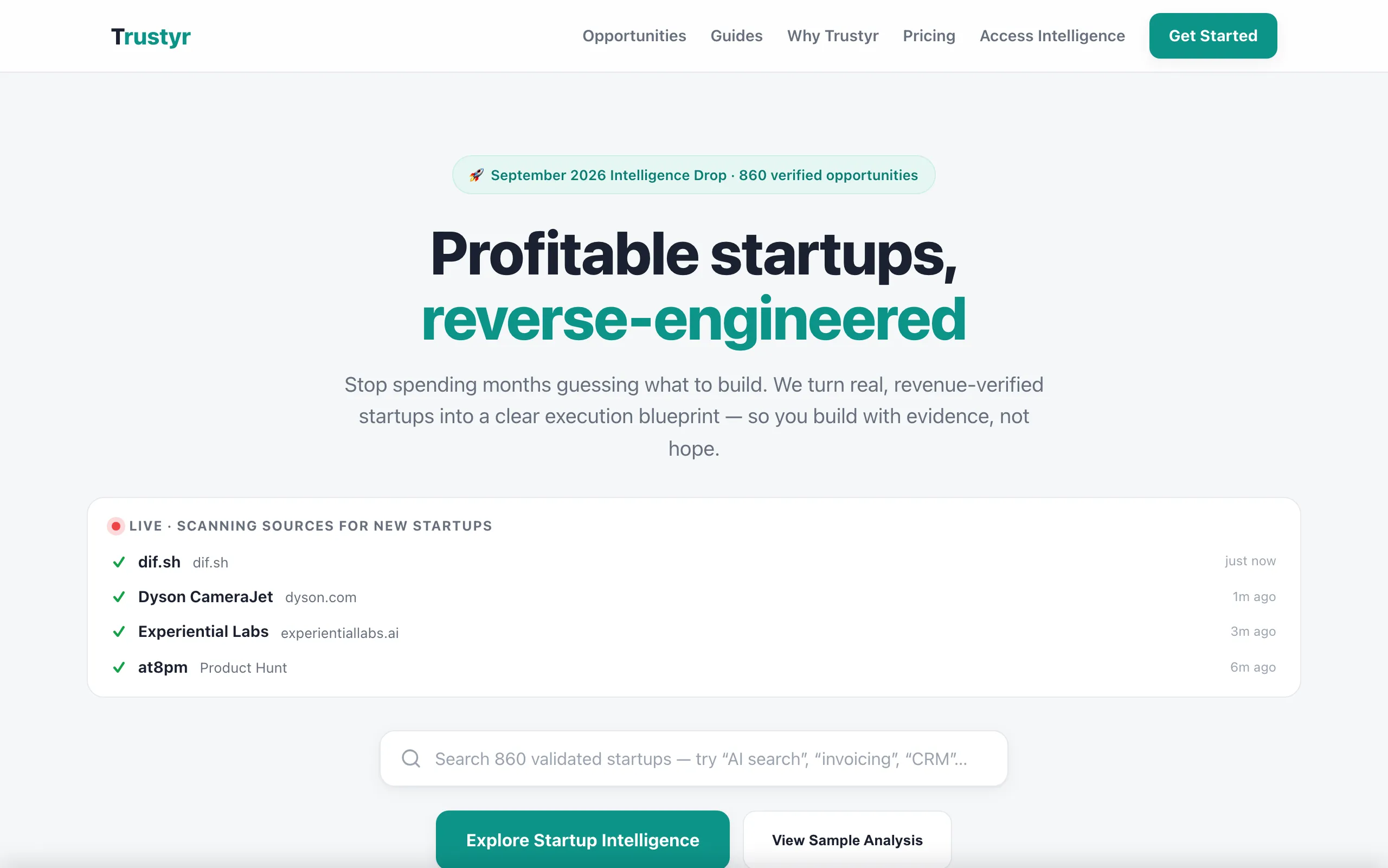 Screenshot of Trustyr — Profitable Startups, Reverse-Engineered