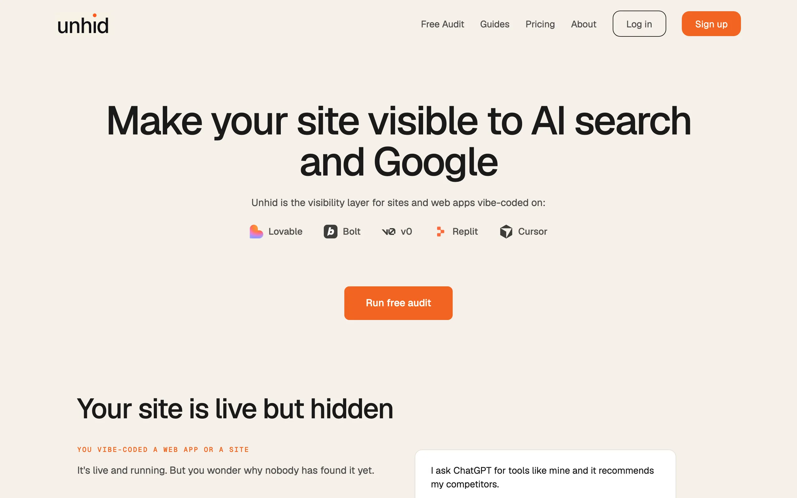 Screenshot of Unhid — Make your site visible to AI search and Google